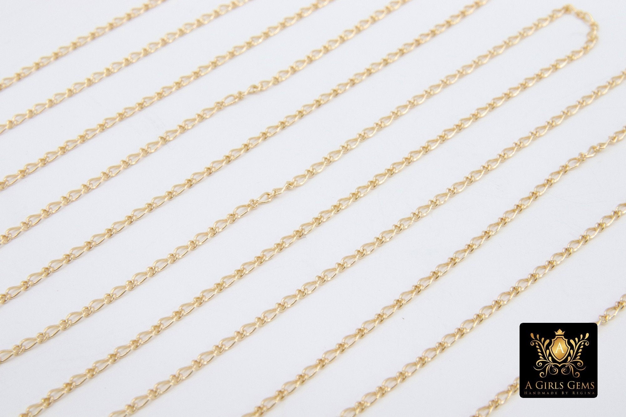 14 K Gold Filled Figaro Chains, 1.3 mm Dainty 1/1 Link Figaro CH #719, Unfinished Flat Chain