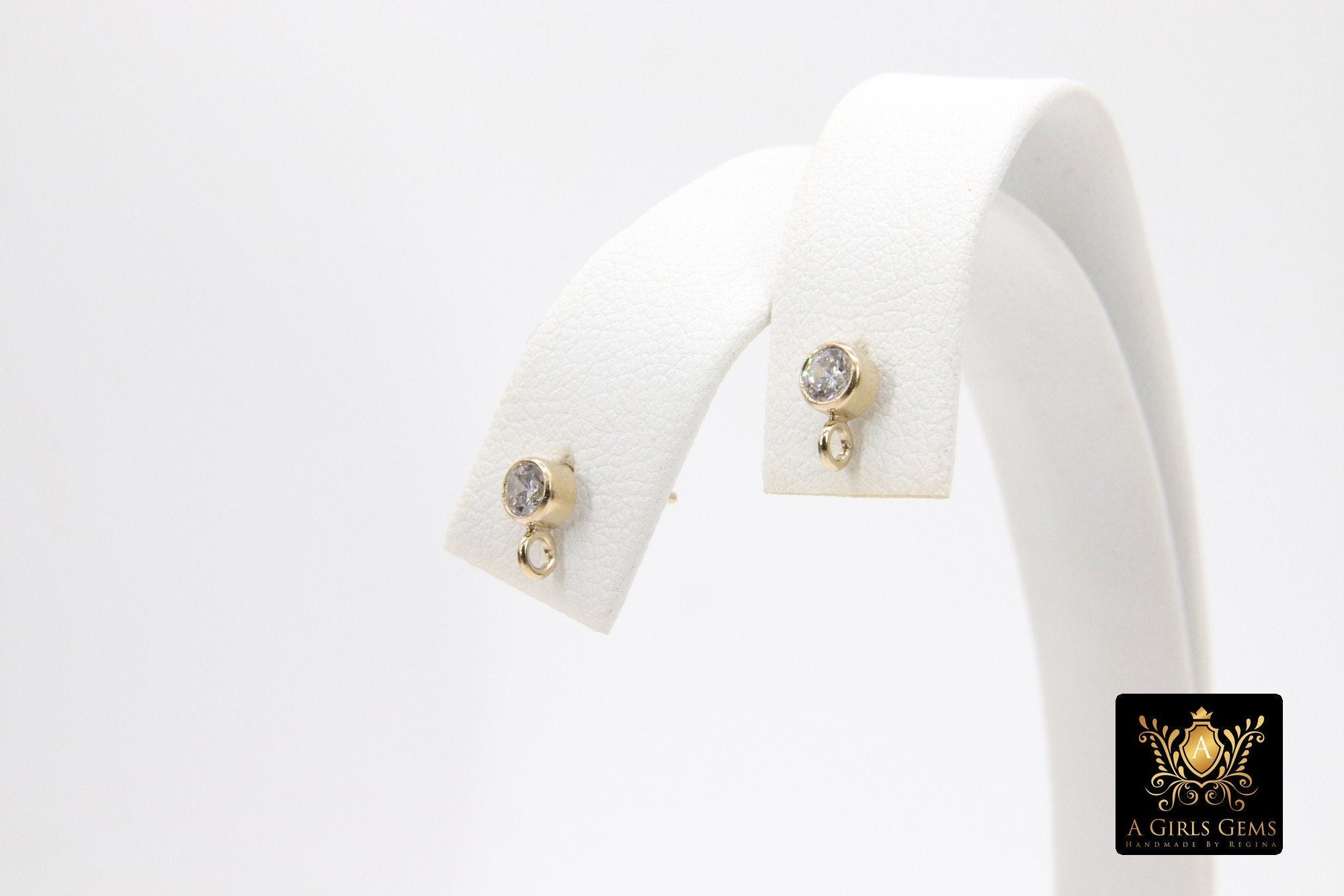 14 K Gold Filled Cubic Zirconia Earrings, CZ Stud Earring Post #2259, Findings with Open Loops