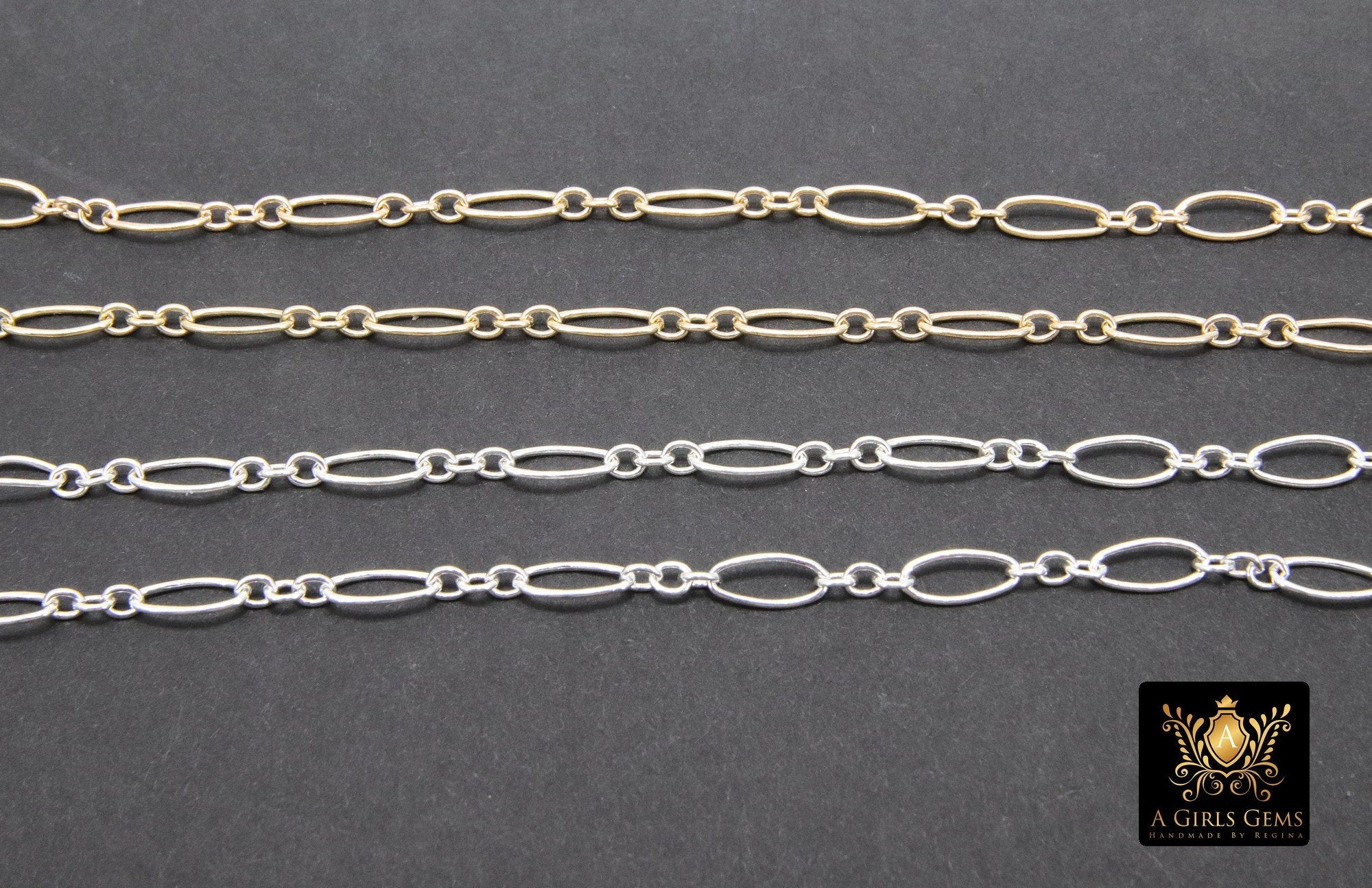 14 K Gold Filled Paperclip Jewelry Chains , 7.5 mm 925 Sterling Silver CH #806, Drawn Flat Rolo CH #706
