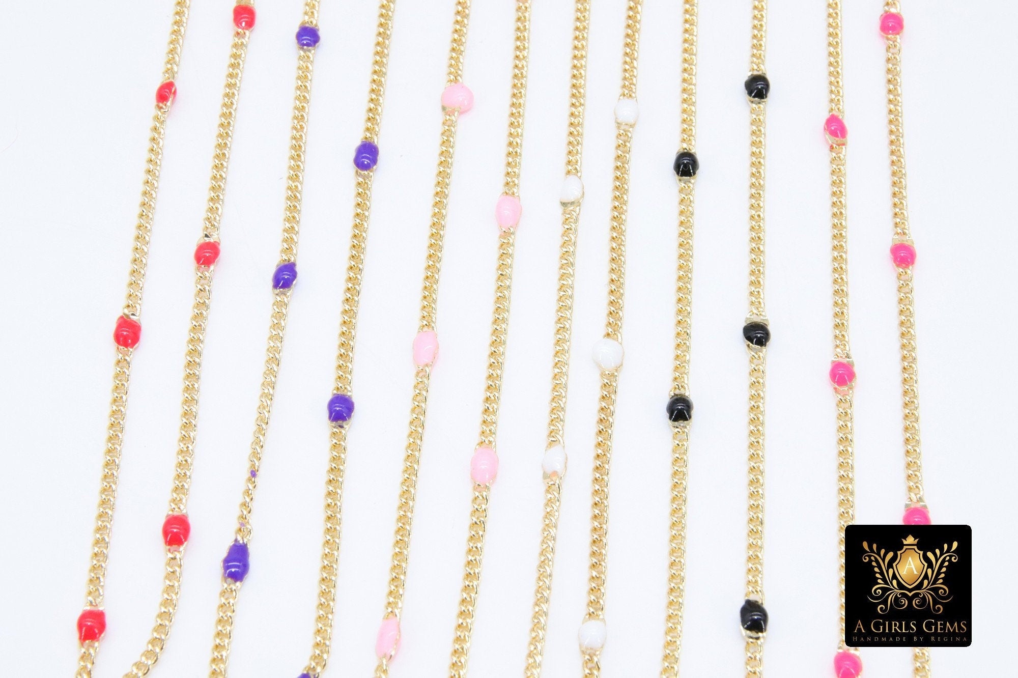 Gold Dainty Curb Enamel Chain, Rainbow Necklace Beaded Satellite Chain CH #611, By the Yard