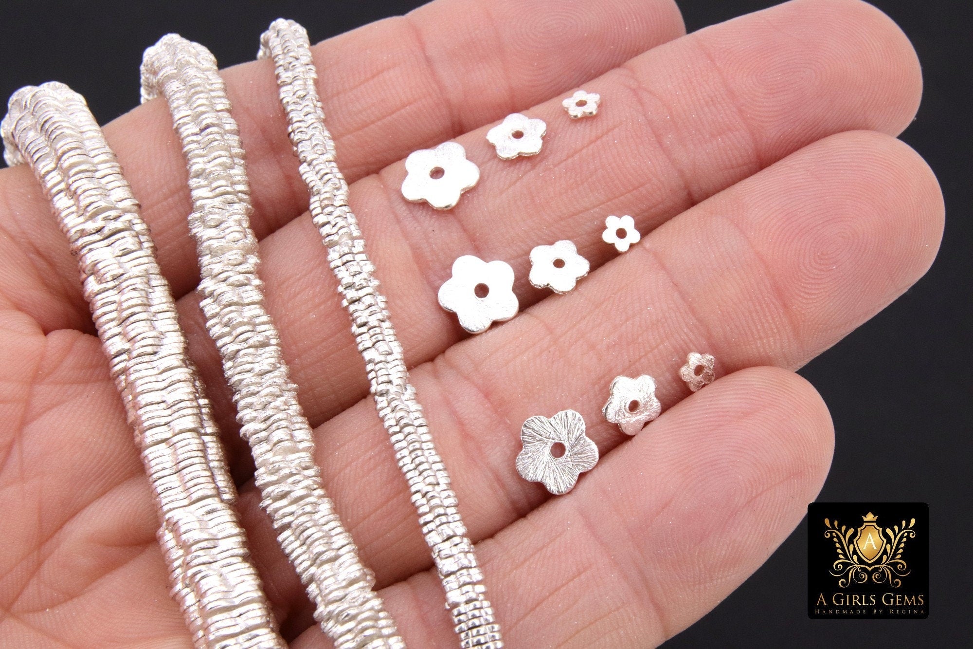 Silver Petal Spacer Beads, 20-200 pcs Round Brushed Flat Daisy Discs #2931, Flower Wavy Rondelle