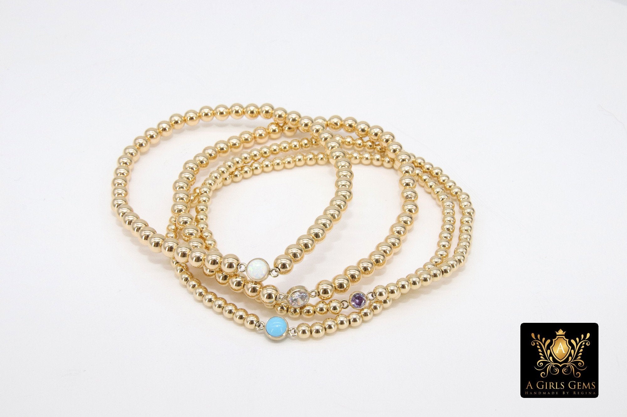 14K Gold Filled Birthstone Beaded Bracelets, US 14 K GF 3 4 5 6 8 mm CZ, Colorful Stretchy