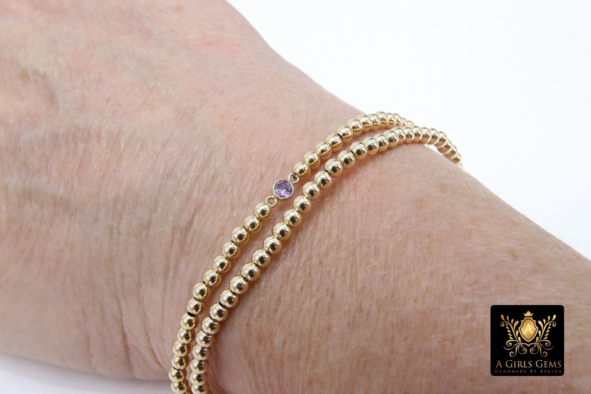 14K Gold Filled Birthstone Beaded Bracelets, US 14 K GF 3 4 5 6 8 mm CZ, Colorful Stretchy