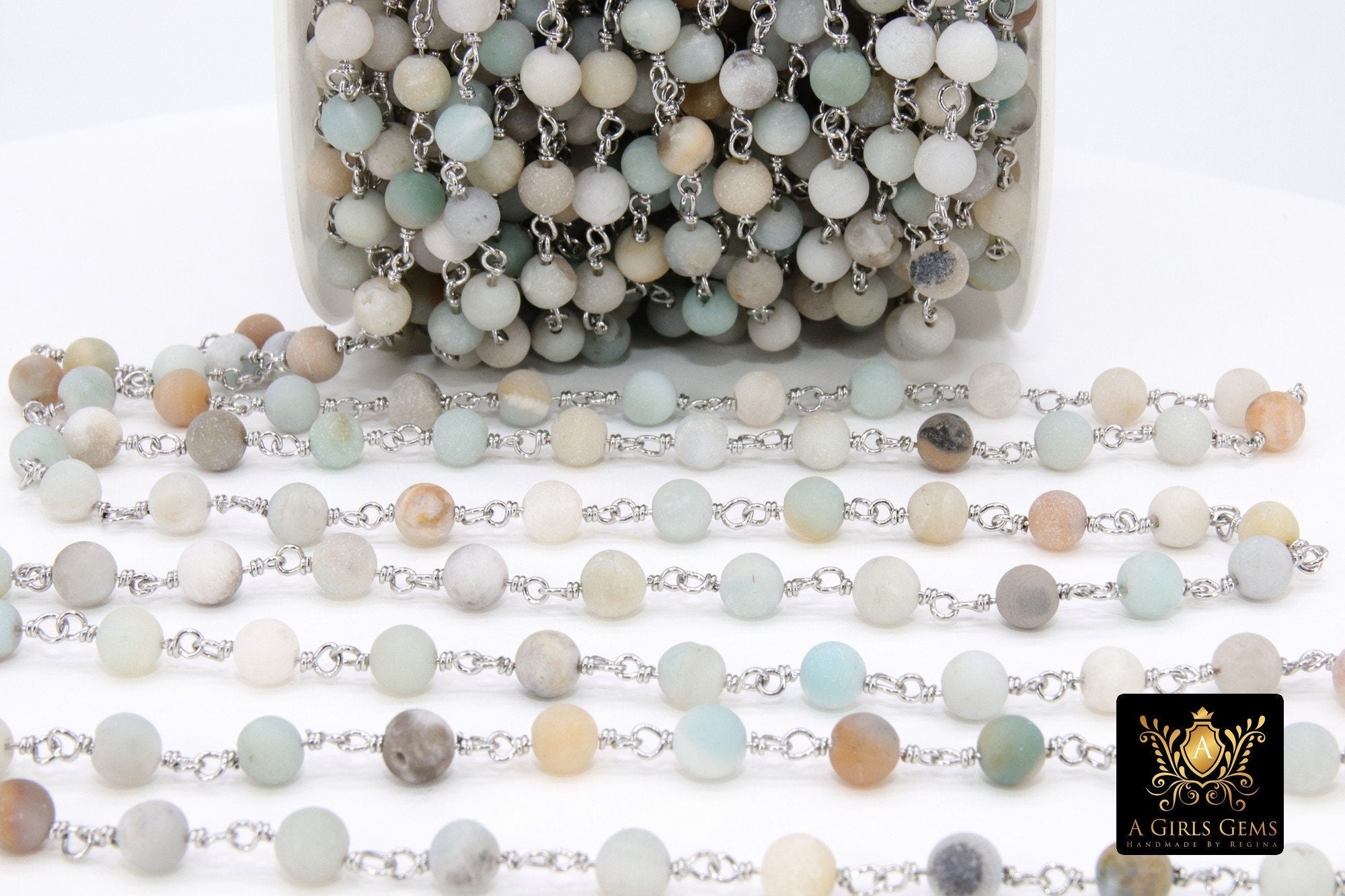 Matte Amazonite Rosary Chain, 6 mm Silver Wire Wrapped CH #537, Frosted Beaded Chain