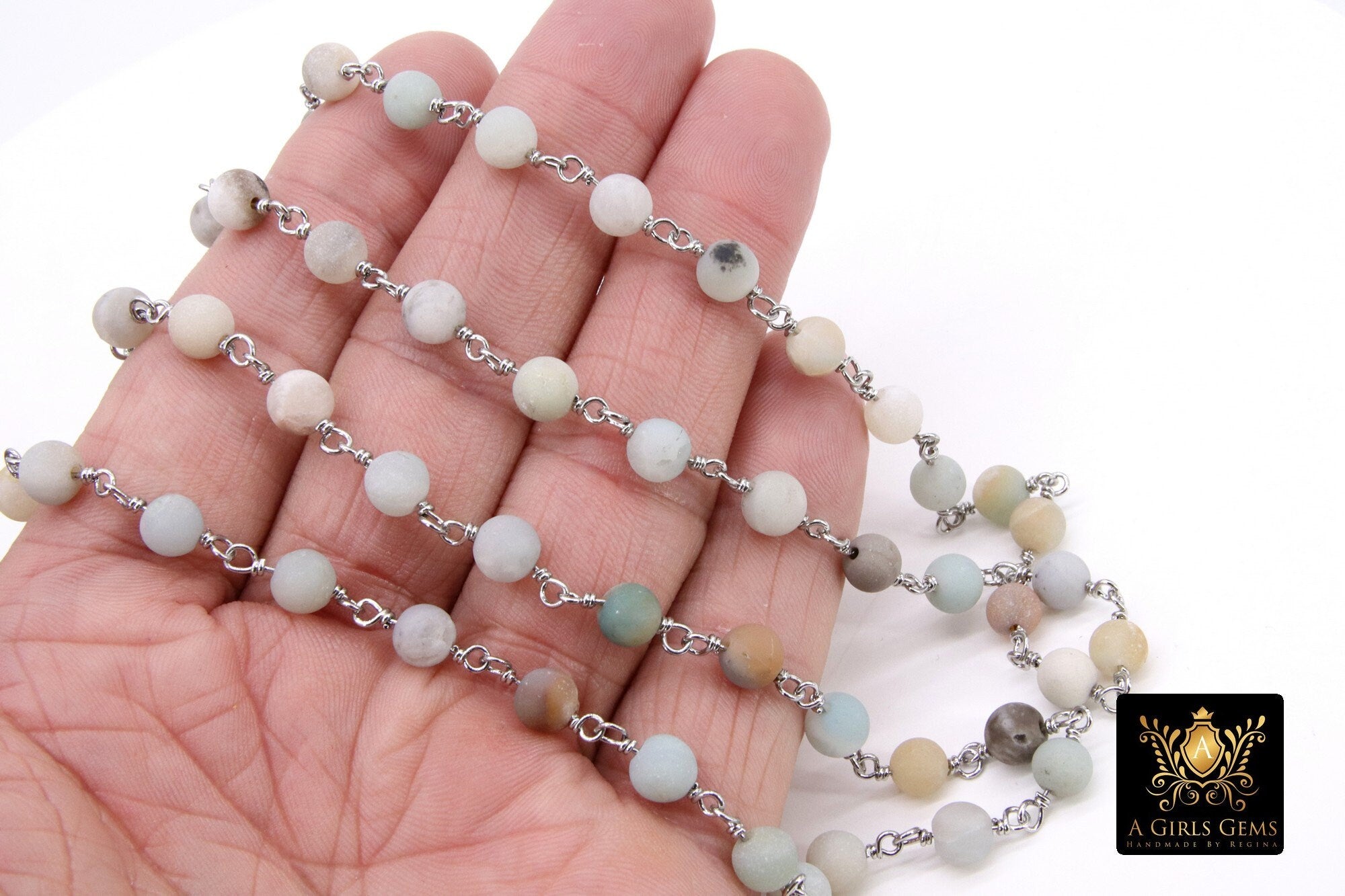 Matte Amazonite Rosary Chain, 6 mm Silver Wire Wrapped CH #537, Frosted Beaded Chain