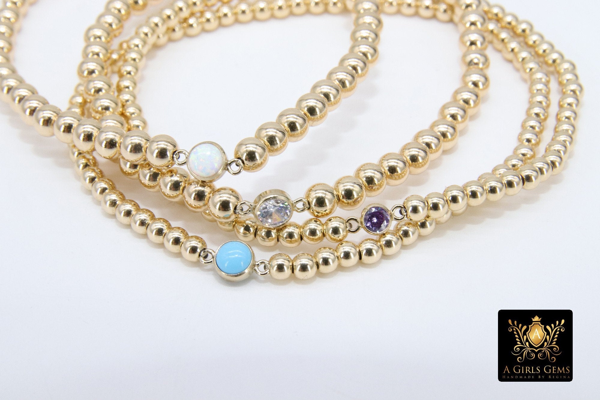 14K Gold Filled Birthstone Beaded Bracelets, US 14 K GF 3 4 5 6 8 mm CZ, Colorful Stretchy