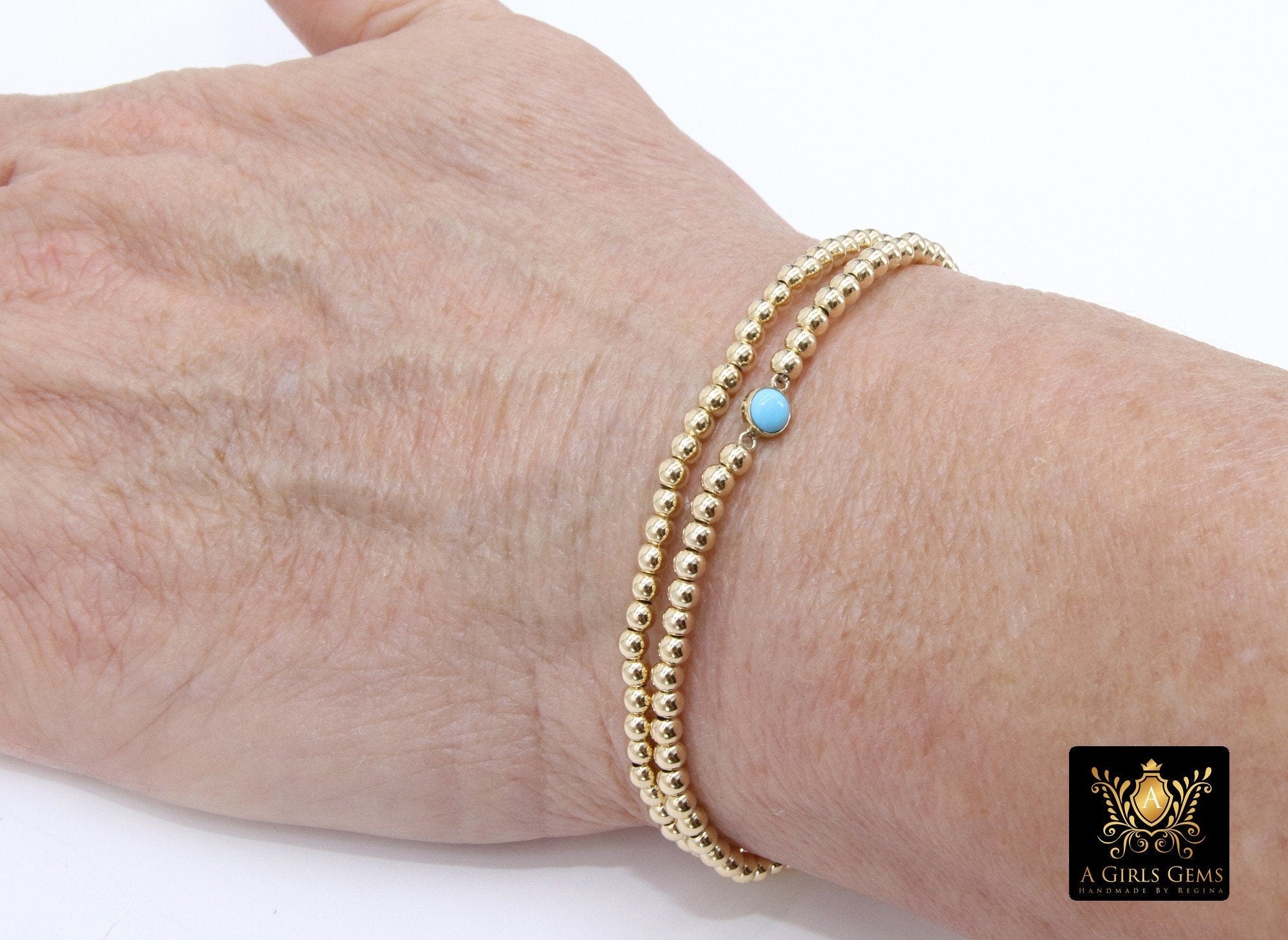 14K Gold Filled Birthstone Beaded Bracelets, US 14 K GF 3 4 5 6 8 mm CZ, Colorful Stretchy