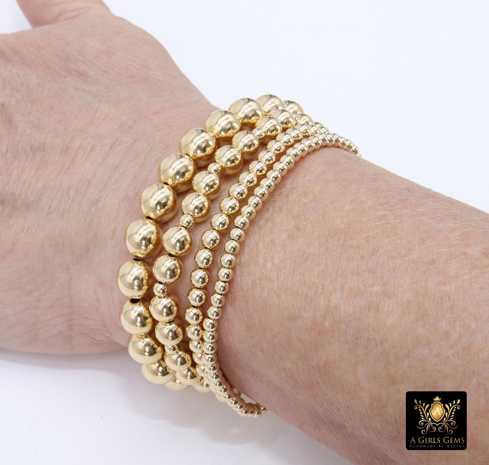 14K Gold Filled Birthstone Beaded Bracelets, US 14 K GF 3 4 5 6 8 mm CZ, Colorful Stretchy