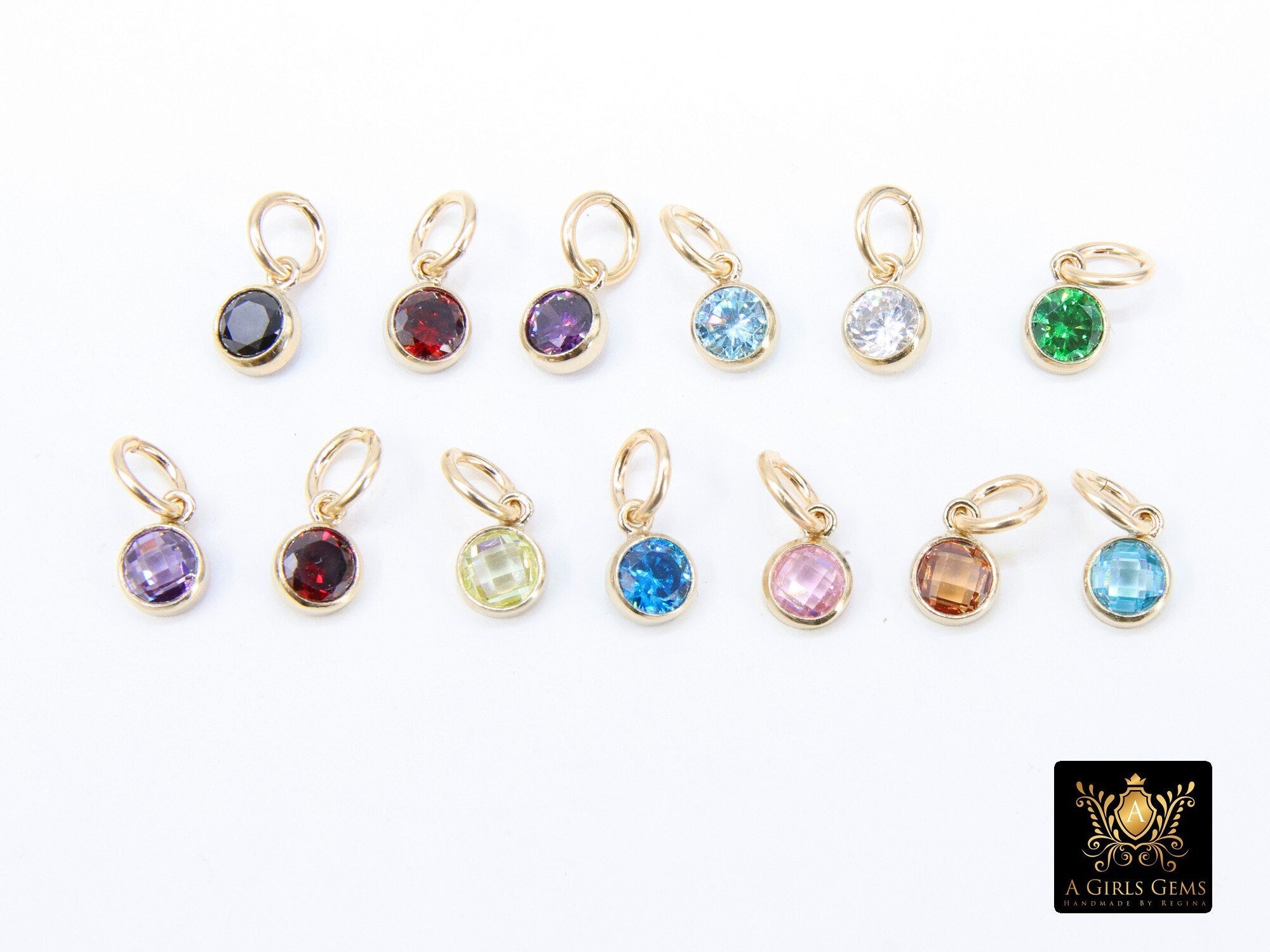 14 K Gold Filled CZ Charm, 6 mm Birthstone Round Charm with Jump Rings #3937, Birthday Permanent Jewelry