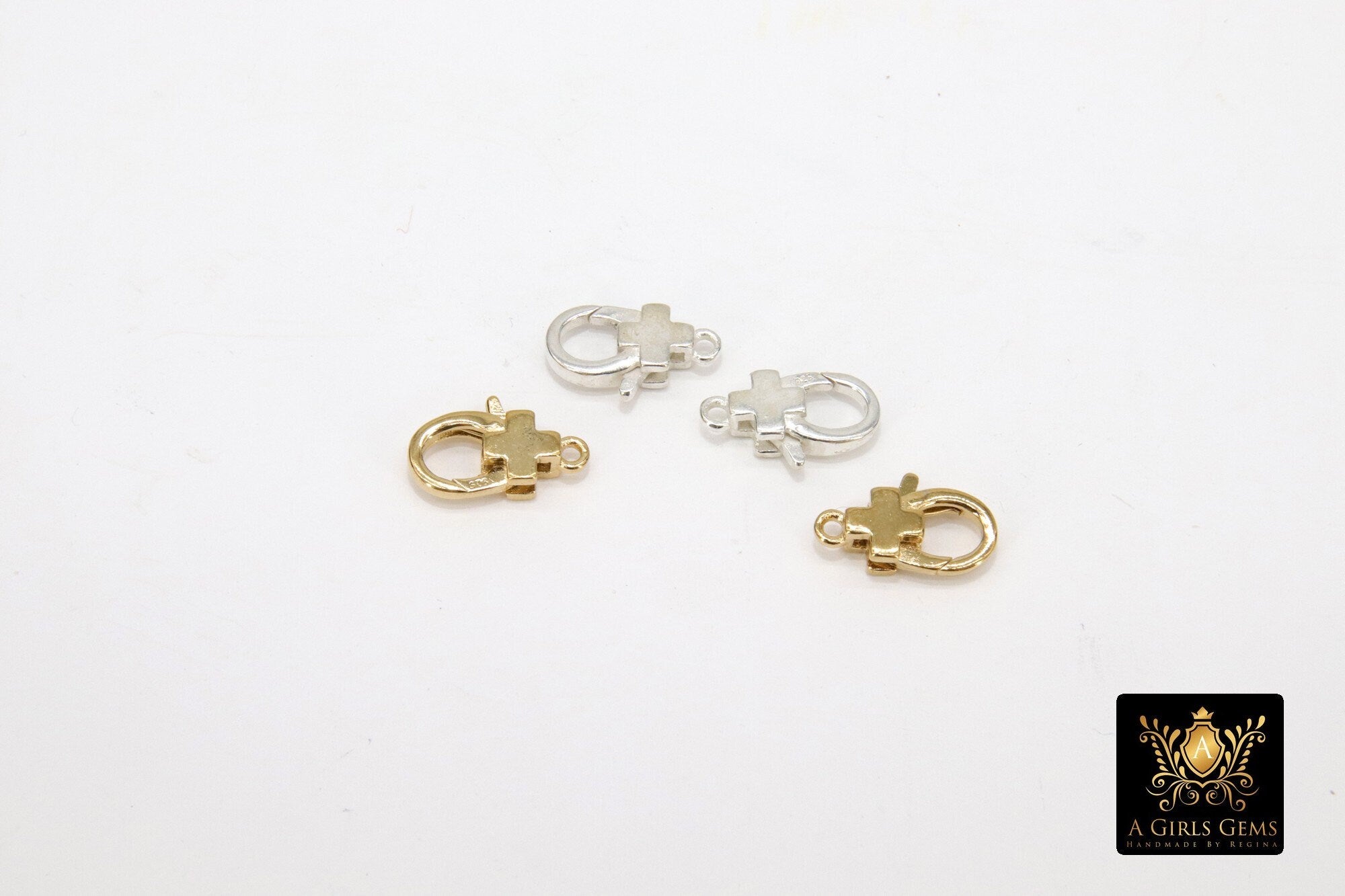 925 Sterling Silver Cross Lobster Clasp, 12 mm Gold Spring Clip #2289, Stamped 925 Religious Clasp