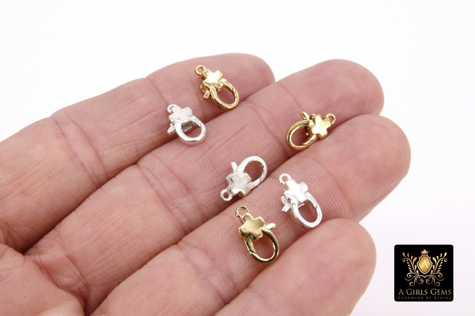 925 Sterling Silver Cross Lobster Clasp, 12 mm Gold Spring Clip #2289, Stamped 925 Religious Clasp
