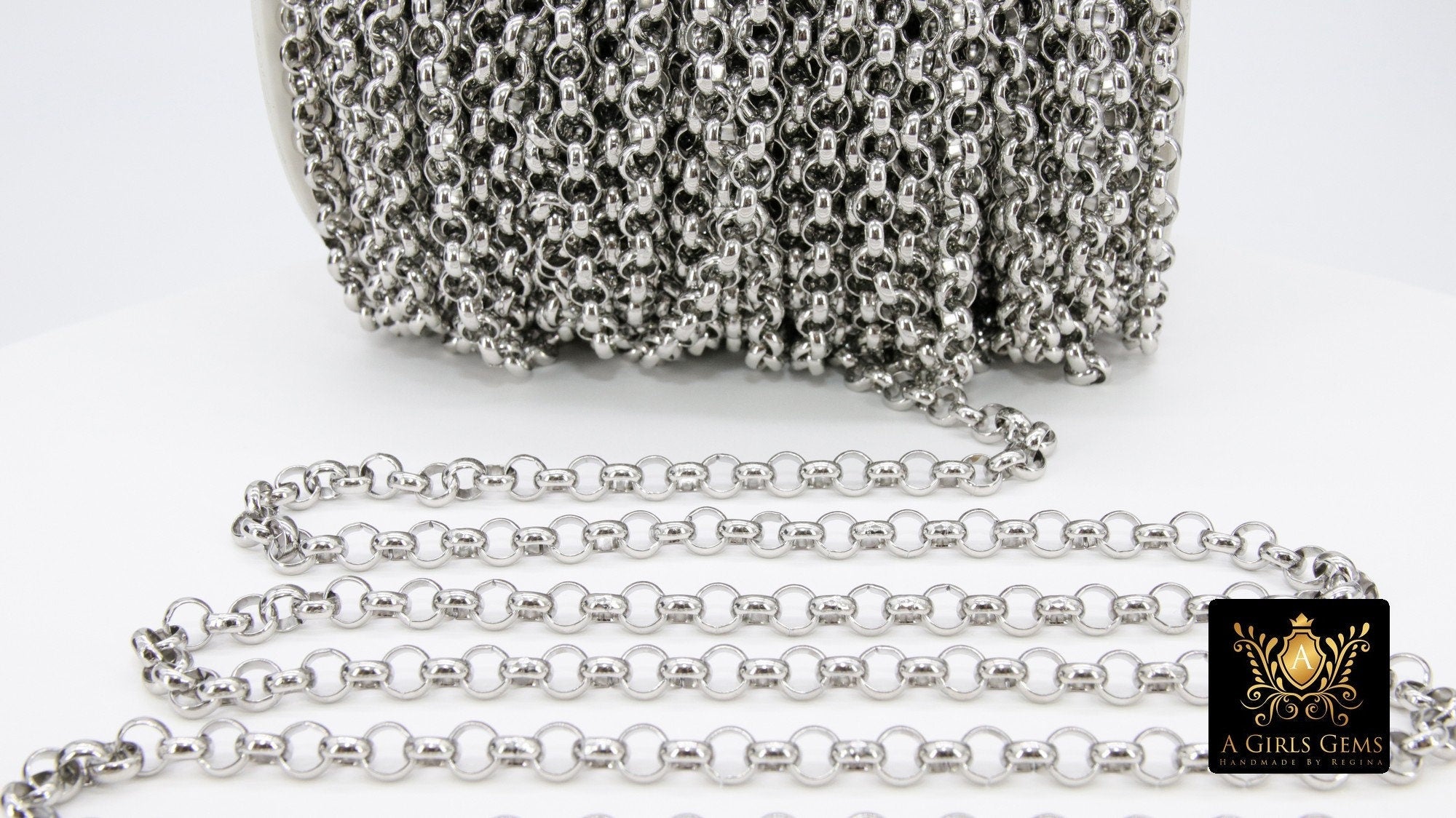Stainless Steel ROLO Chain, 7 mm Silver Chains CH #208, Large Unfinished Round Rolo