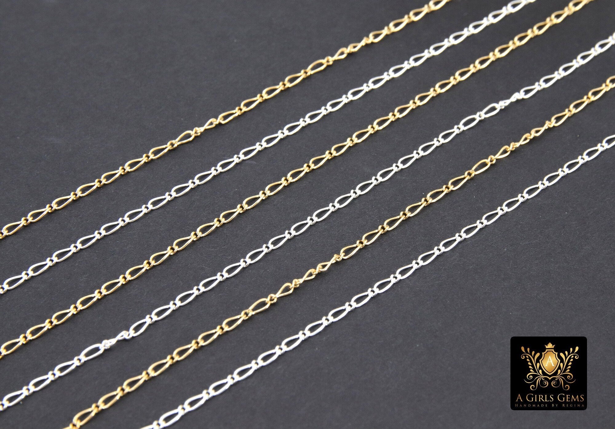 925 Sterling Silver Figaro Chains, 14 K Gold Filled 1.6 mm Unfinished 1/1 Figaro CH #848, By The Foot