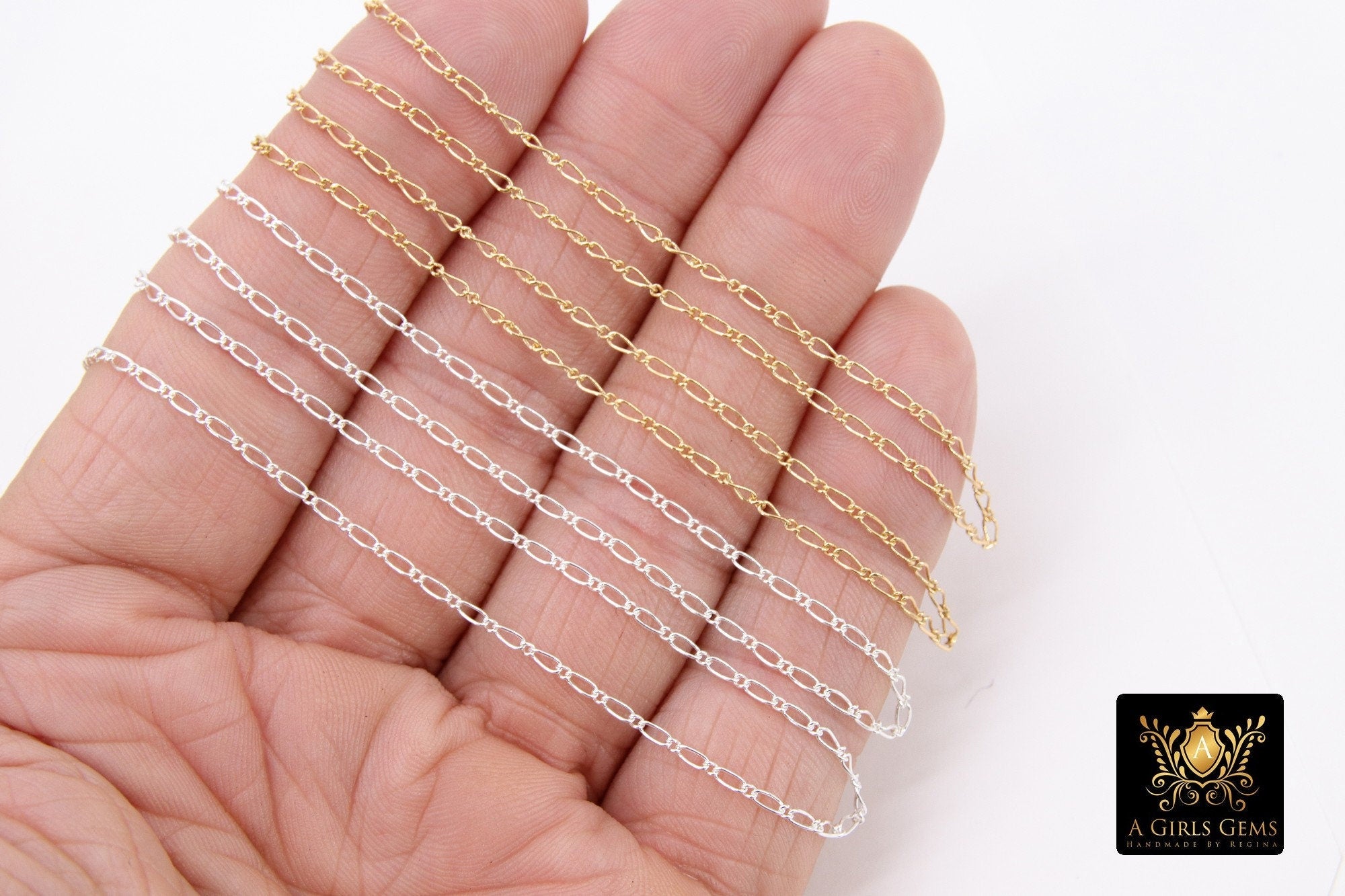 925 Sterling Silver Figaro Chains, 14 K Gold Filled 1.6 mm Unfinished 1/1 Figaro CH #848, By The Foot