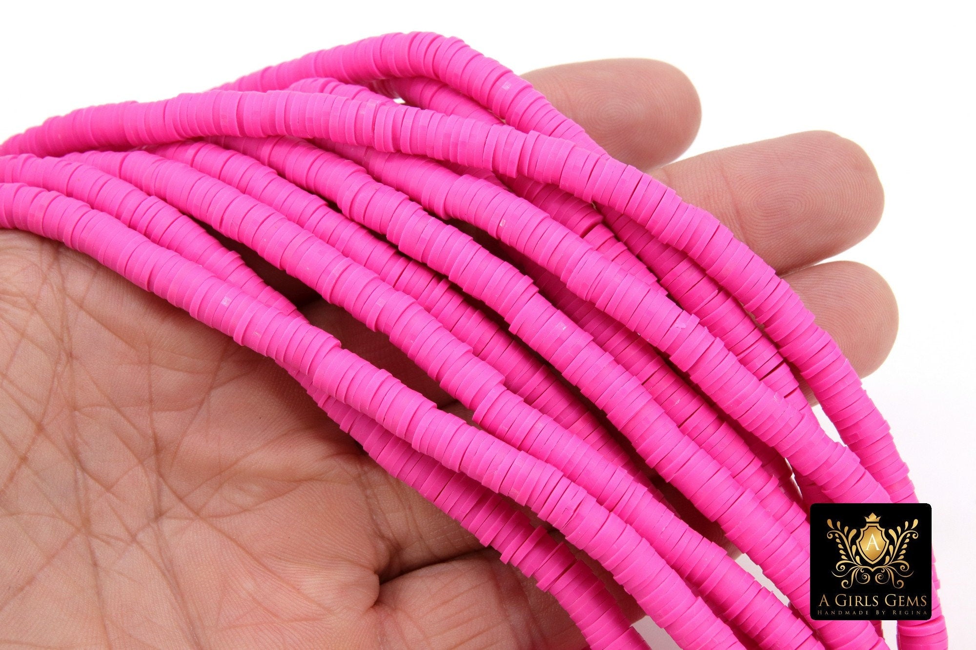 2 Strands 6 mm Clay Flat Beads, Pink Fuchsia Heishi beads in Polymer Clay Disc CB #216, Rondelle Stone Beads
