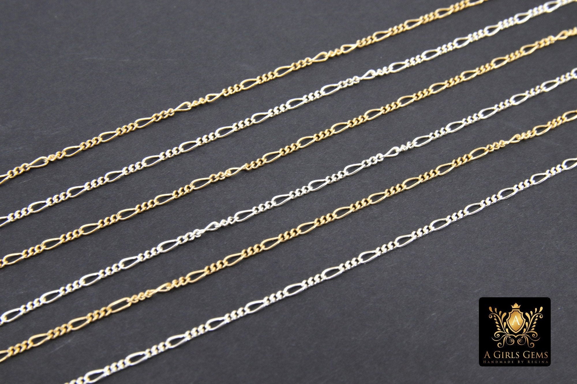 925 Sterling Silver Figaro Chains, Unfinished By The Foot CH #843, 1.6 mm 14 K Gold Filled Dainty CH# 743 Long and Short Link Chains