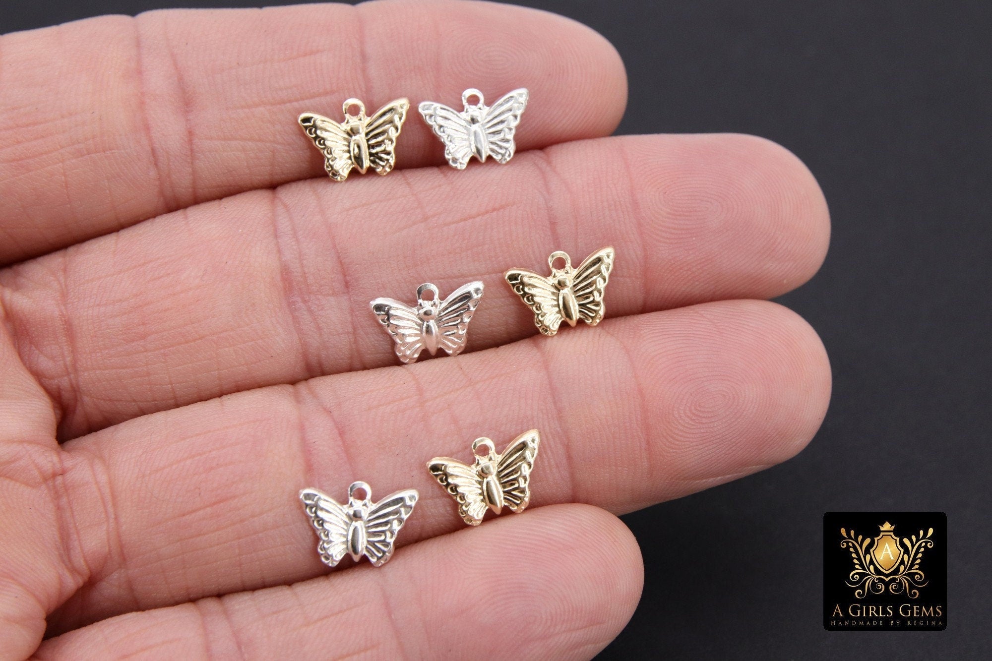 925 Sterling Silver Butterfly Charms, 14 K Gold Filled Minimalist Tiny Dangle #759, Jewelry Butterflies 8 x 12 mm