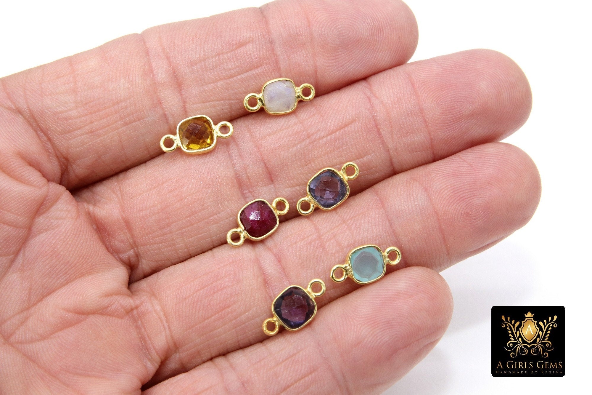 Square Gemstone Connectors, 6 mm Birthstone Connectors, Gold Plated 925 Sterling Silver