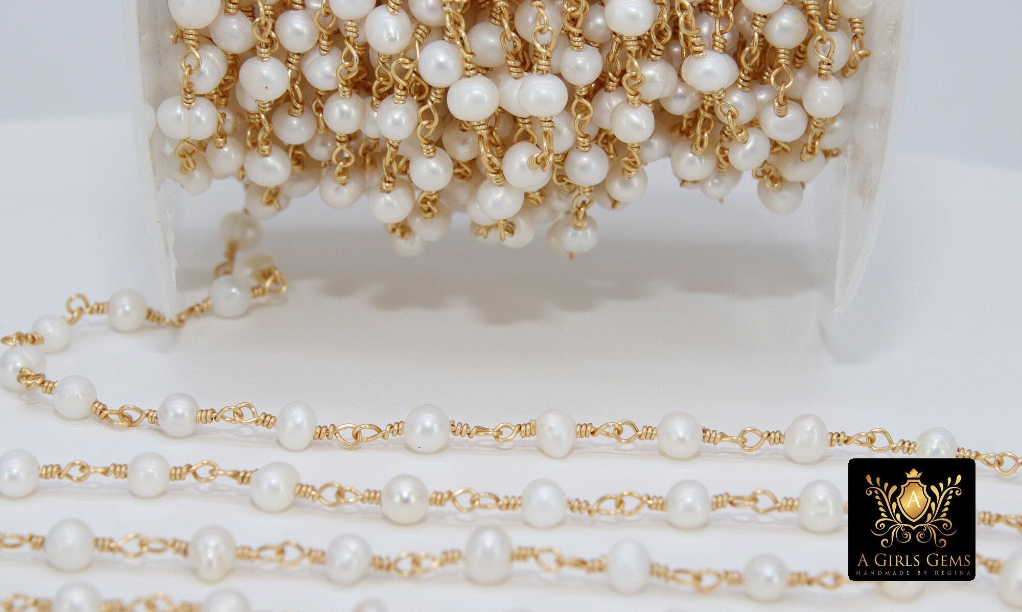 Dainty Pearl Rosary Chain: Gold Wire Wrapped, 4mm Freshwater Beads