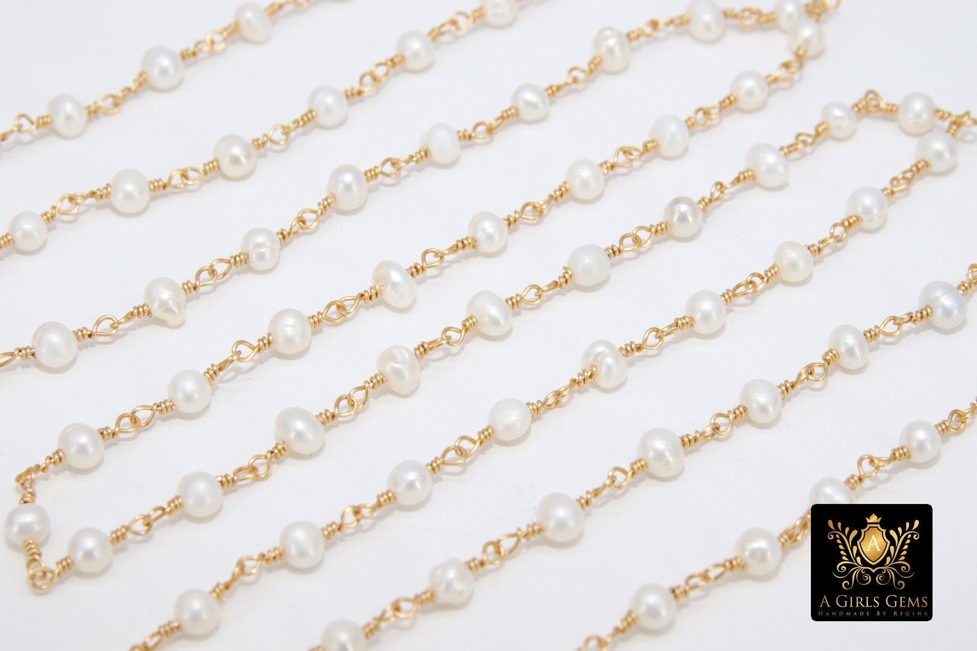 Dainty Pearl Rosary Chain: Gold Wire Wrapped, 4mm Freshwater Beads