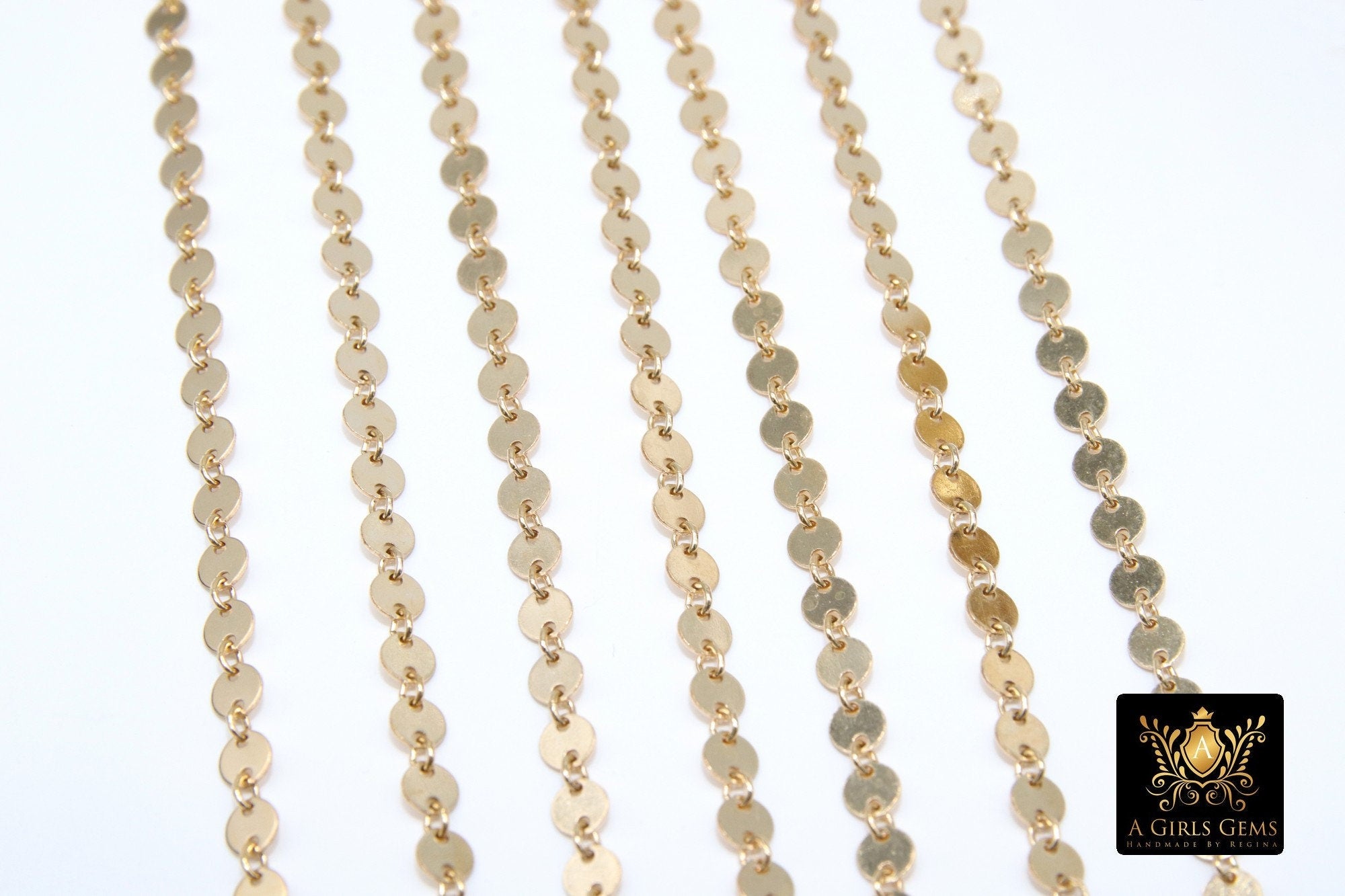 14 K Gold Filled Disc Jewelry Chains, 14 20 Gold Round 4 mm Flat Coin Disc CH #735, Unfinished Long and Short Chain