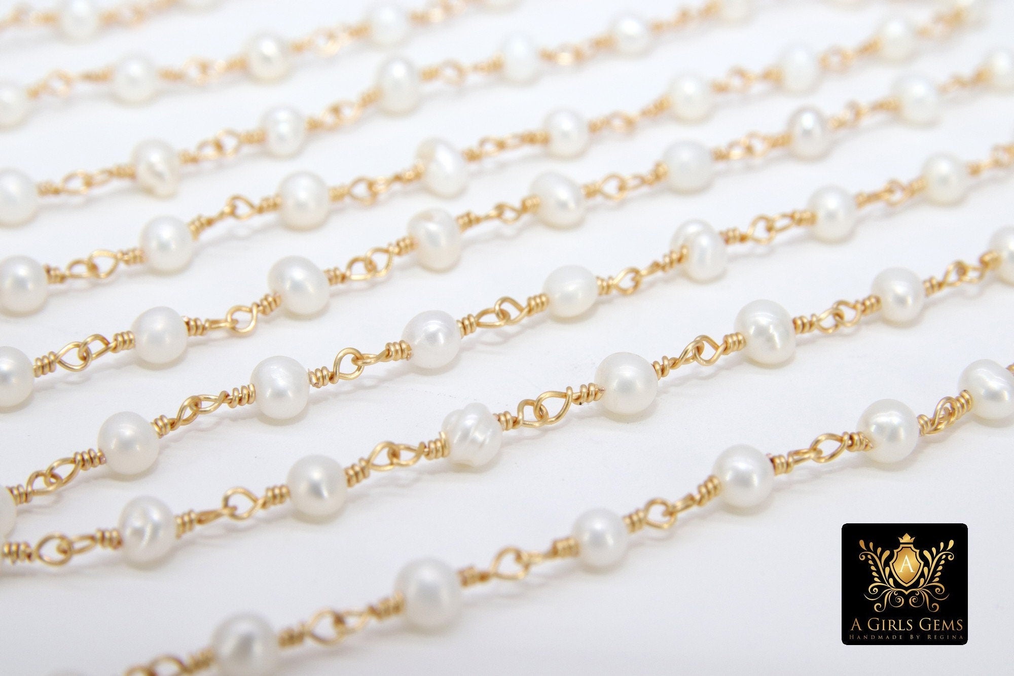 Dainty Pearl Rosary Chain: Gold Wire Wrapped, 4mm Freshwater Beads