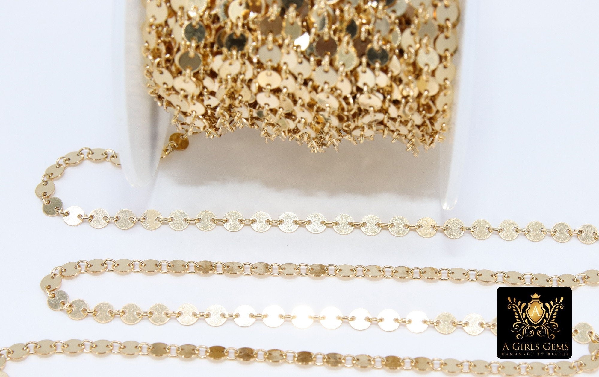 14 K Gold Filled Disc Jewelry Chains, 14 20 Gold Round 4 mm Flat Coin Disc CH #735, Unfinished Long and Short Chain