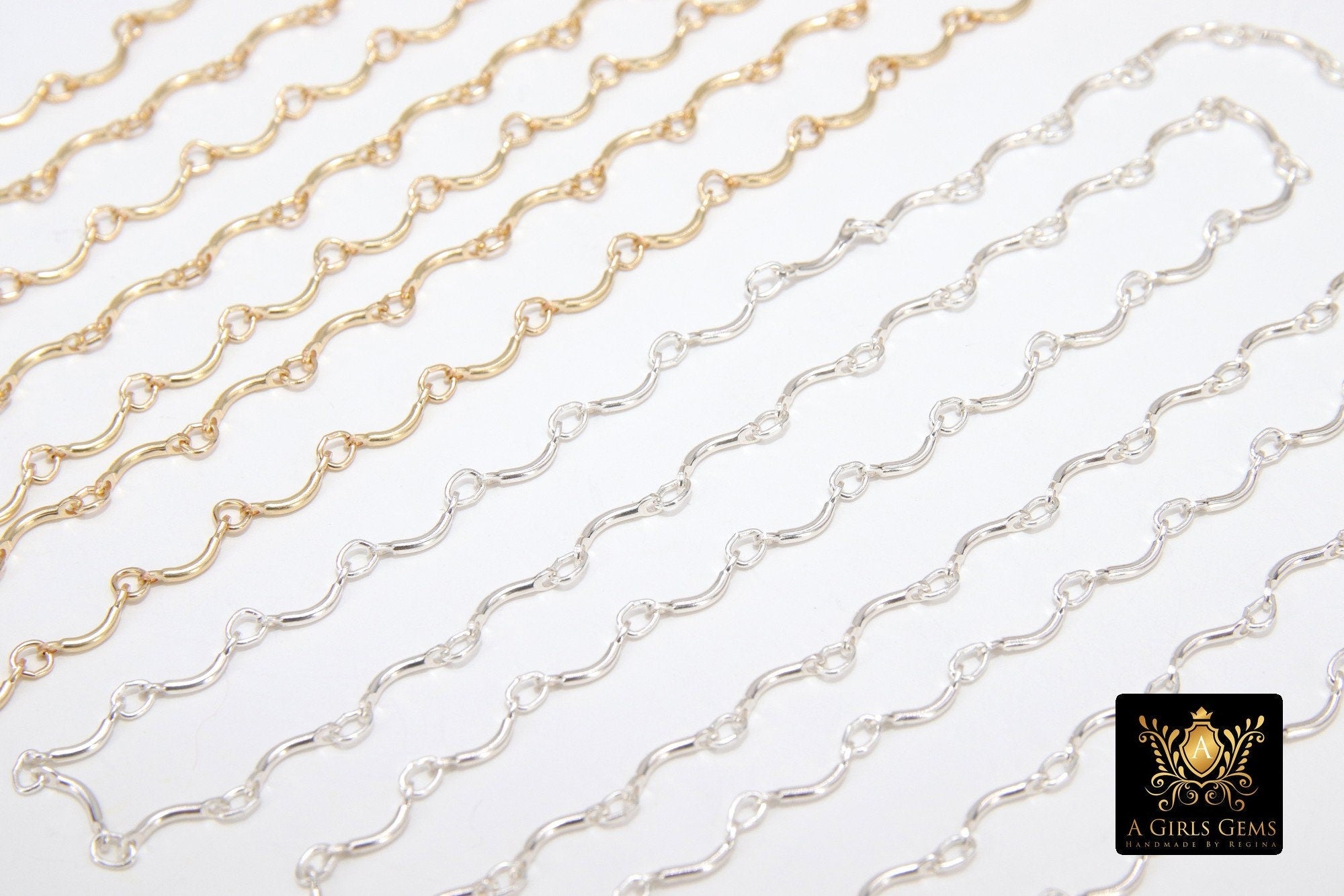 925 Sterling Silver Bar Jewelry Chains, 14 K Gold Filled U Bars and CH #823, Wavy Unfinished Chain
