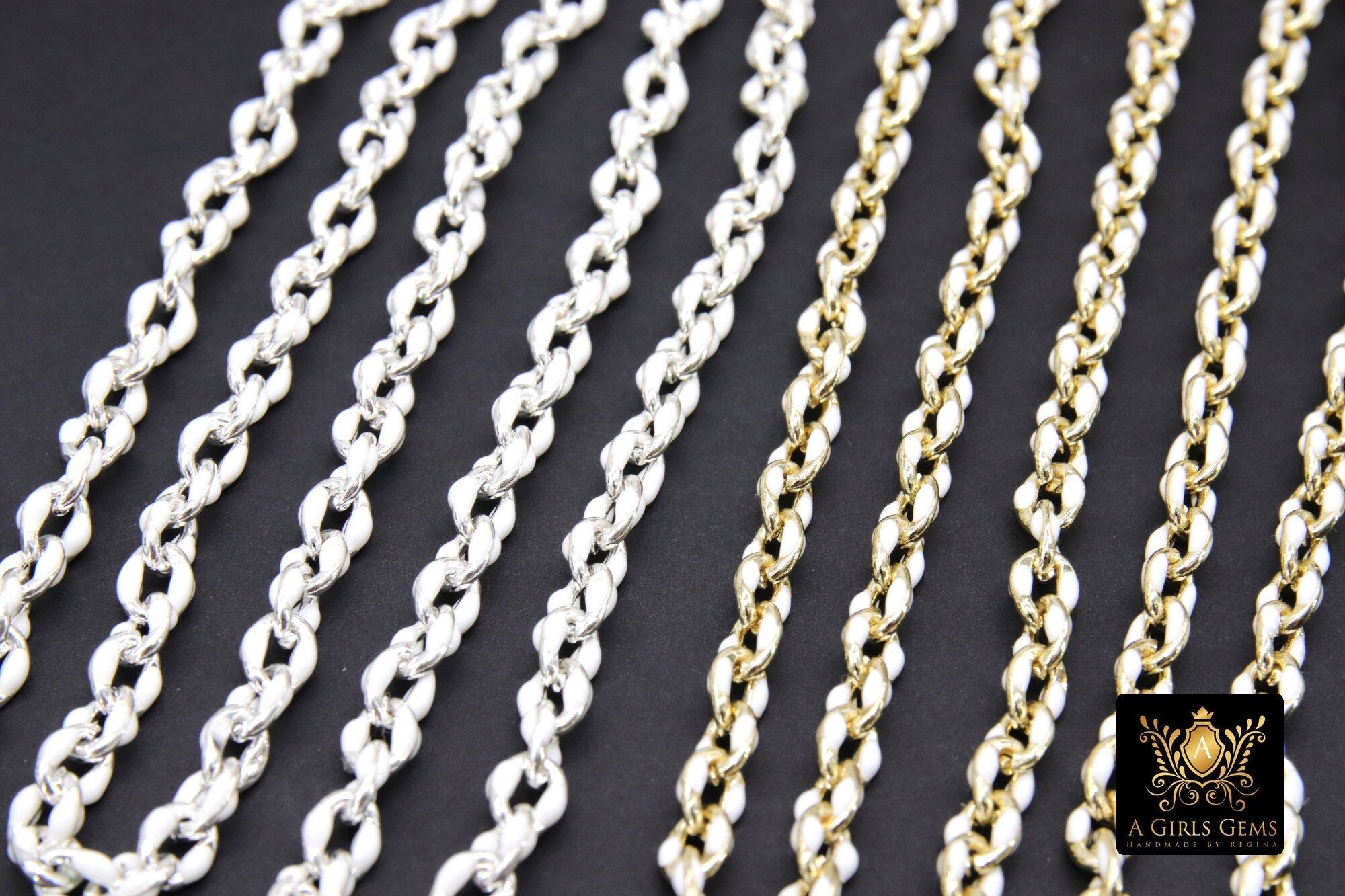 Gold Oval Satellite Enamel Chain, White and Silver Jewelry Rolo Chain CH #643, By the Foot Unfinished