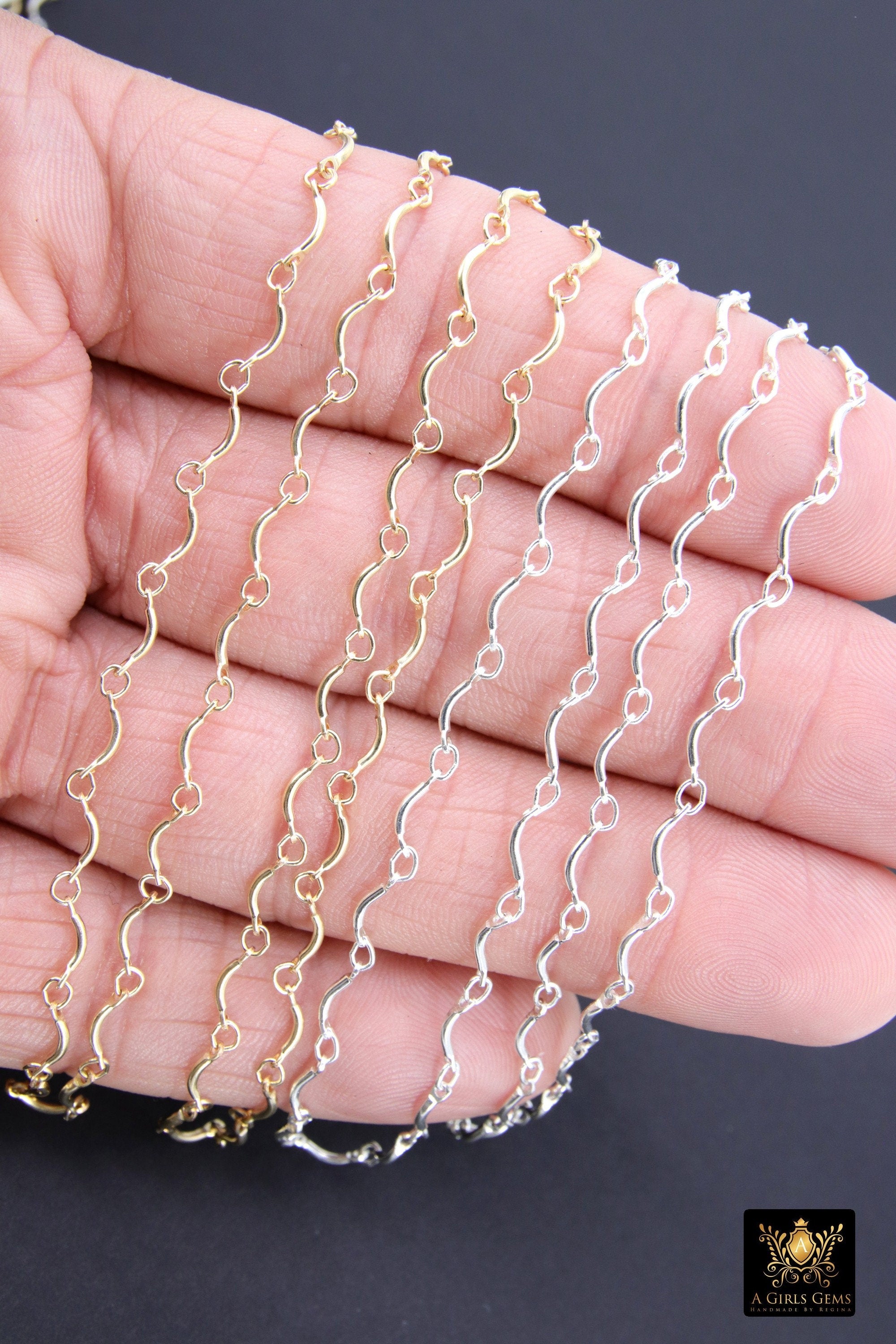 925 Sterling Silver Bar Jewelry Chains, 14 K Gold Filled U Bars and CH #823, Wavy Unfinished Chain