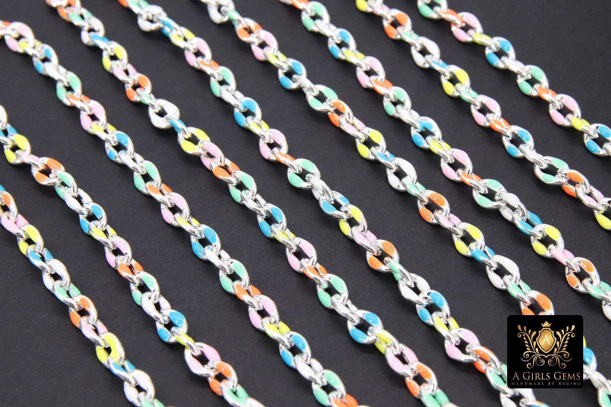 Dainty Silver Oval Satellite Enamel Chain, Rainbow Silver Necklace Rolo Chain CH #642, By the Foot Unfinished