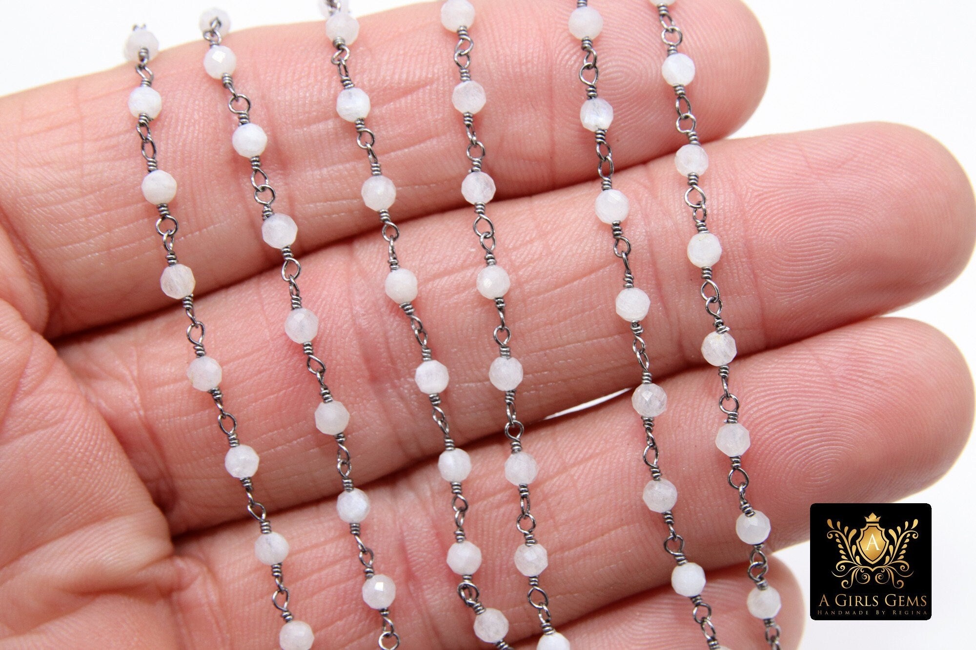 Rainbow Moonstone Rosary Chain, Black Wire Wrapped Faceted Chains CH #458, White Gemstone Chains