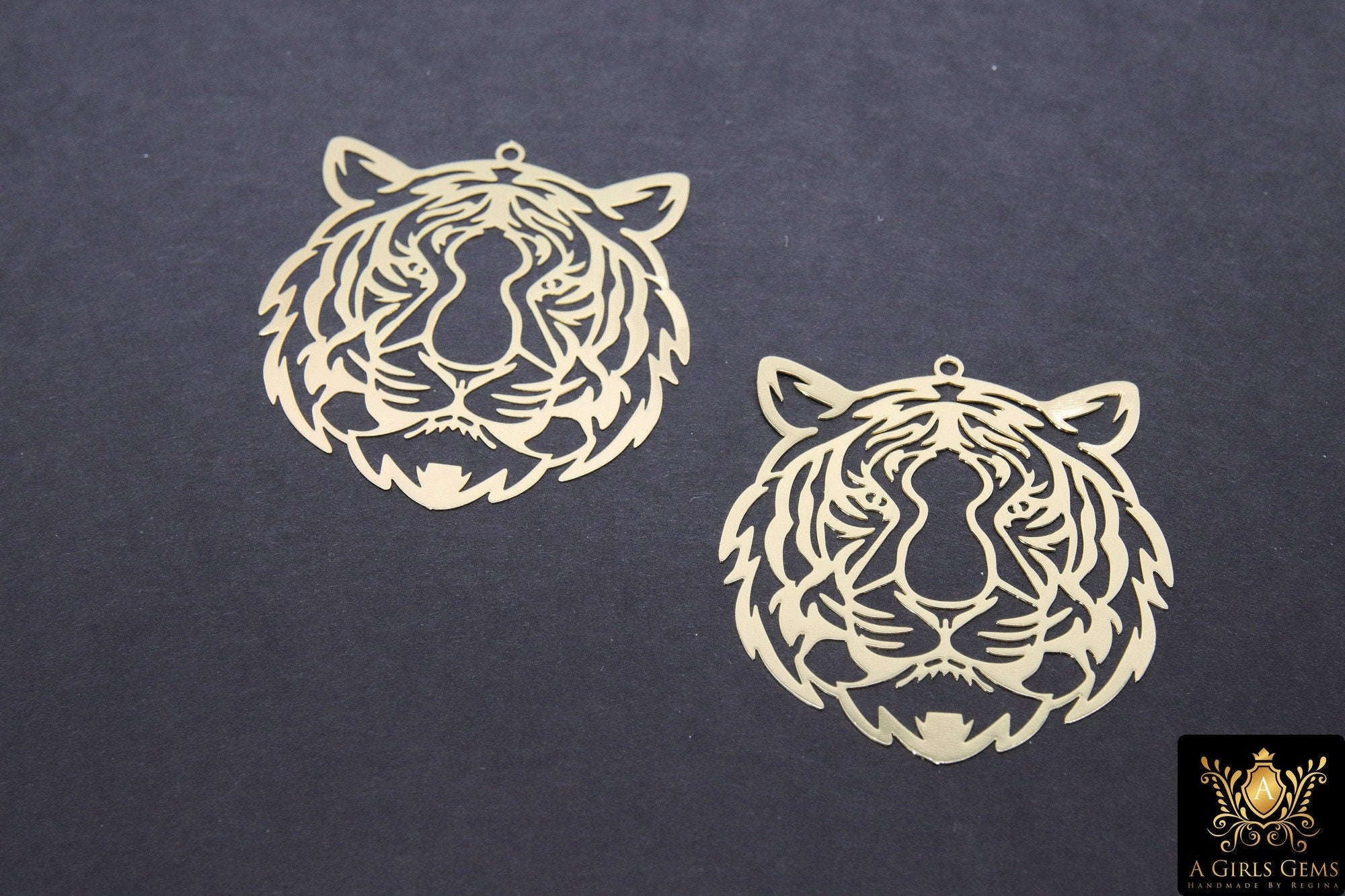 Gold Tiger Head Charm, Reversible Gold Plated Striped Tiger Head AG #3232, 43 mm LSU Animal Head Beads Charms