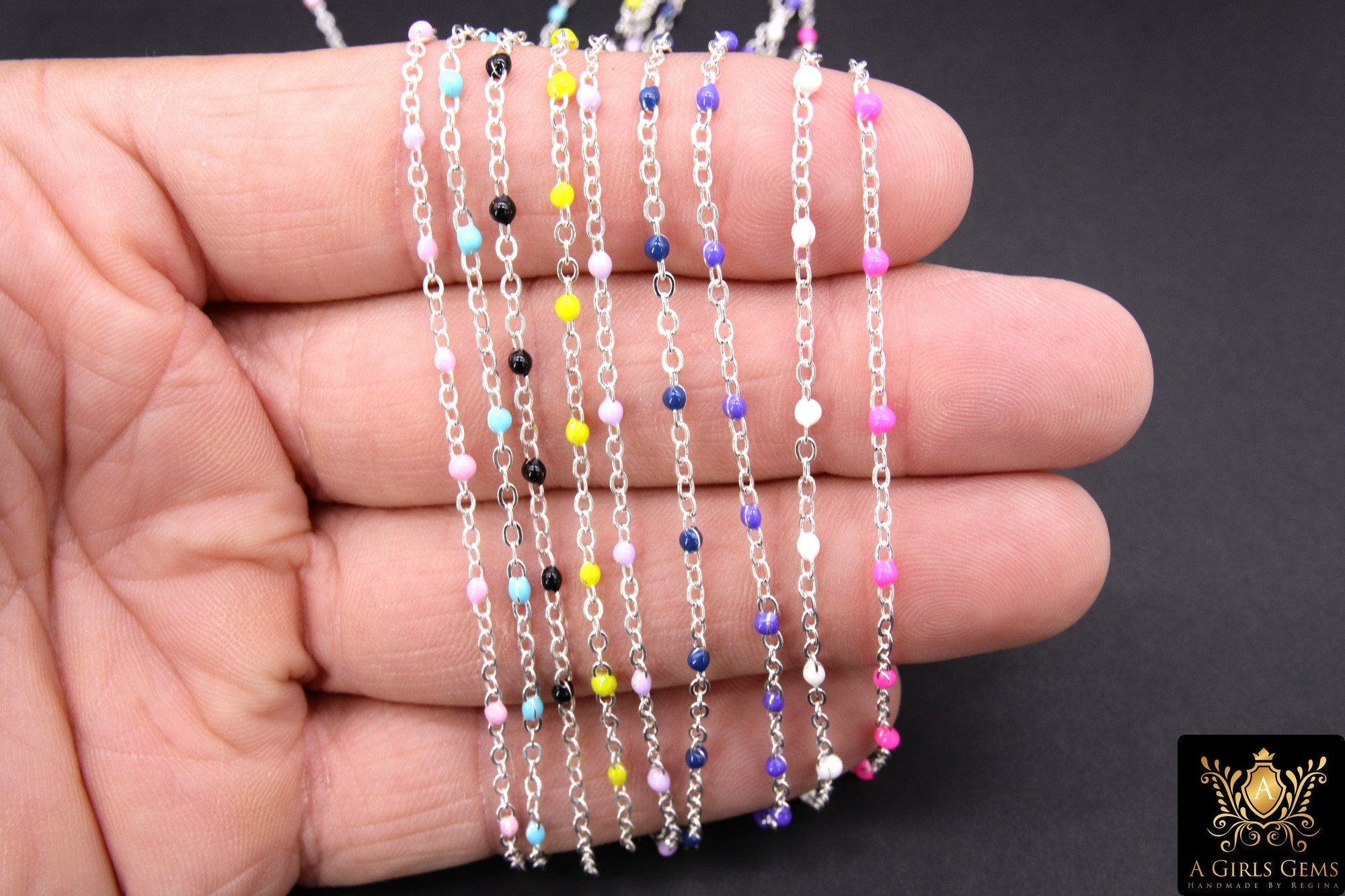 Gold Dainty Beaded Satellite Chain, Baby Blue Enamel Jewelry Chain CH #651, Bright Silver Pink