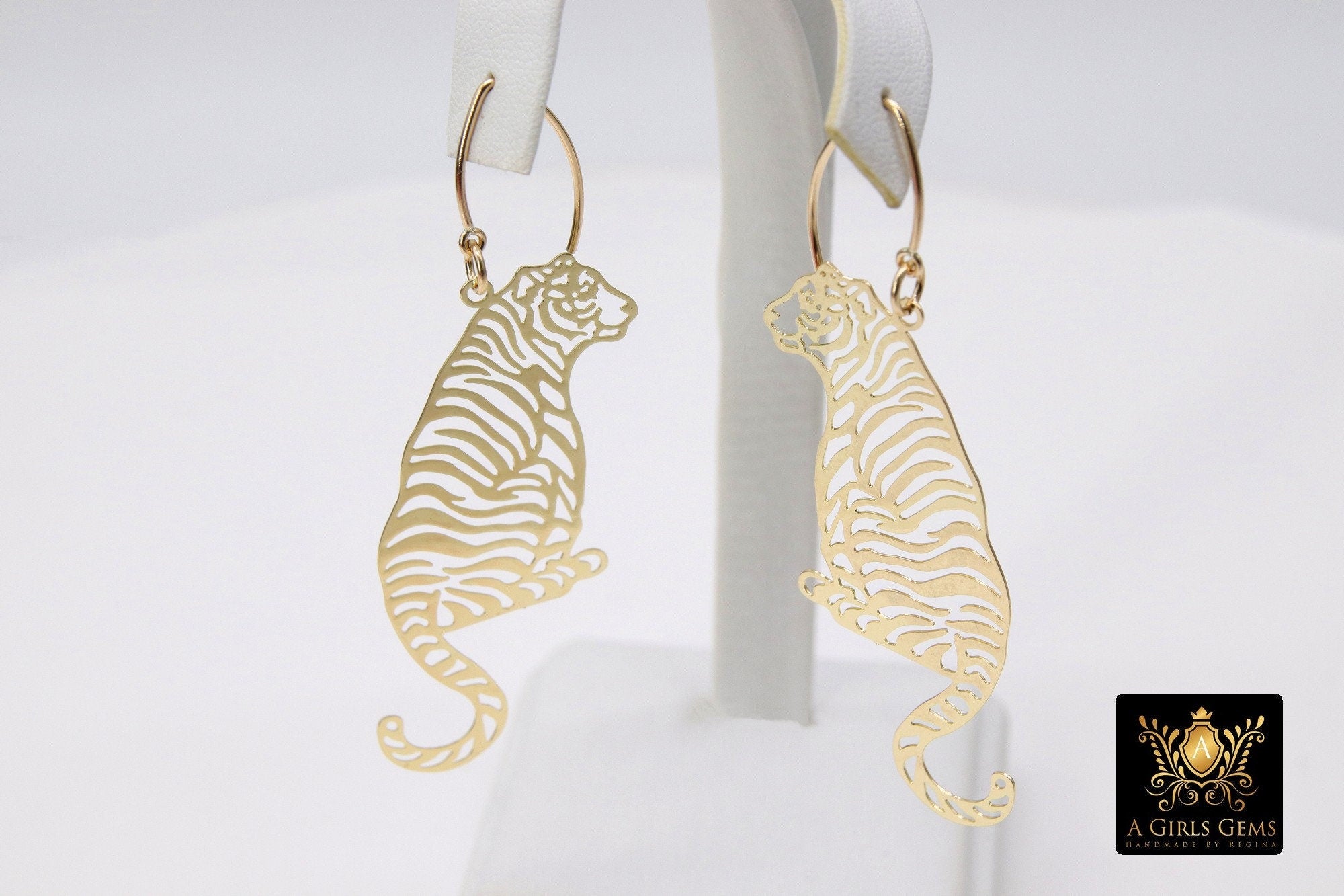 Gold Tiger Head Earrings, 14 K Gold Filled Hook Ear Wires AG #93, Dangle LSU Gameday Jewelry