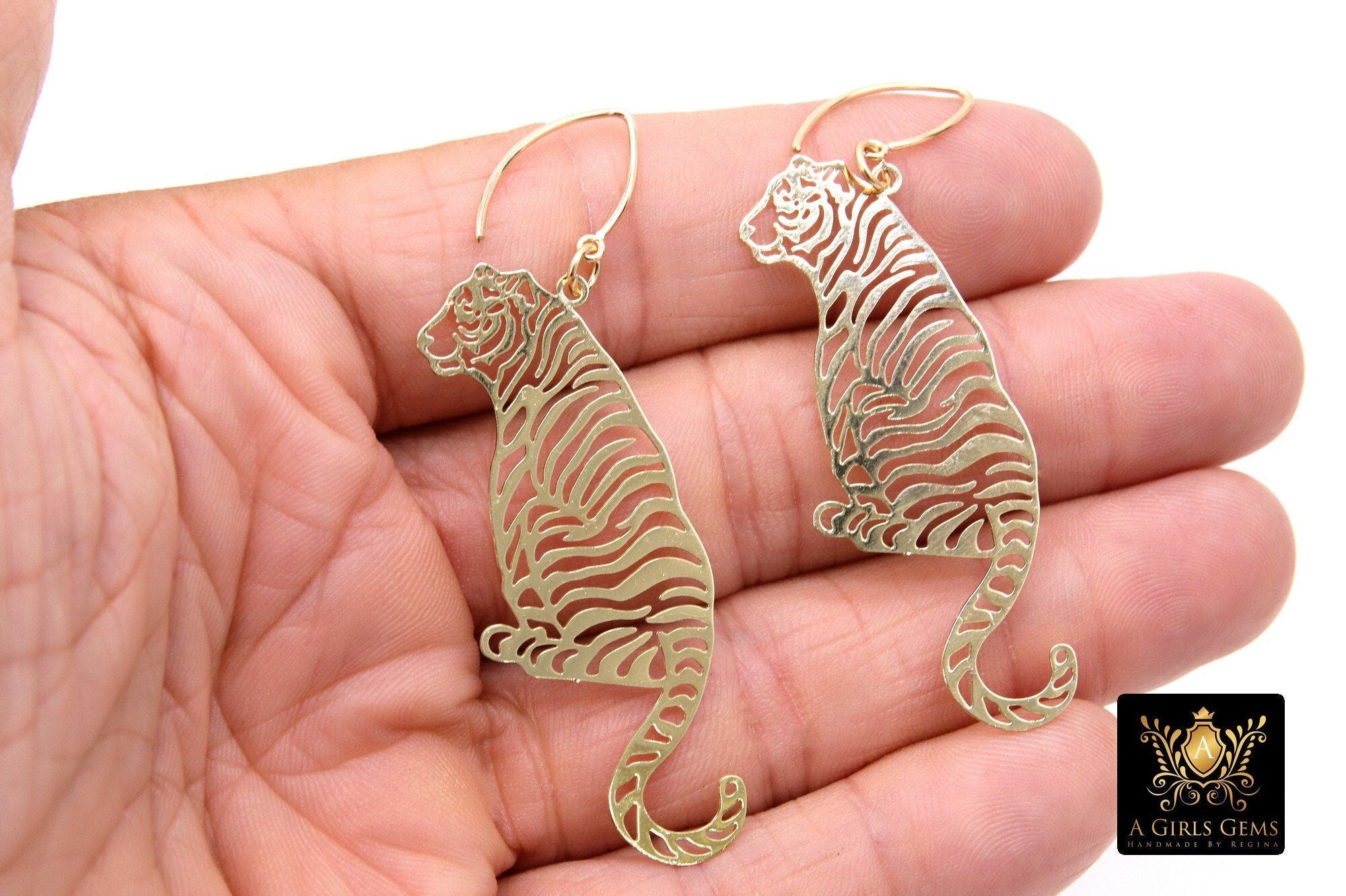 14 K Gold Filled Earrings With Plated Full Body Tiger Charm Hoops