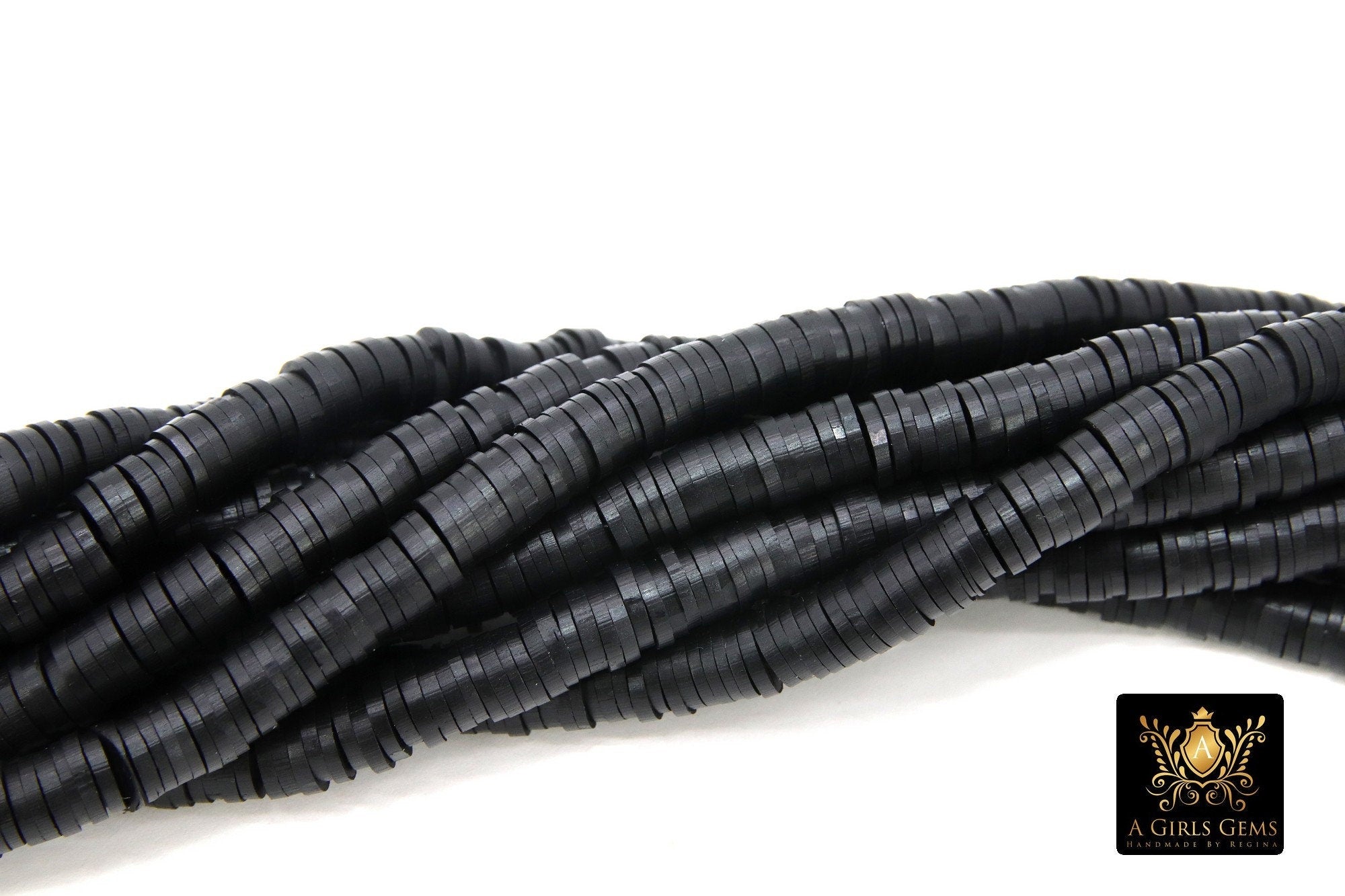 2 Strands 6 mm Clay Flat Beads, Jet Black Heishi Beads in Polymer Disc CB #153, Rondelle Beads