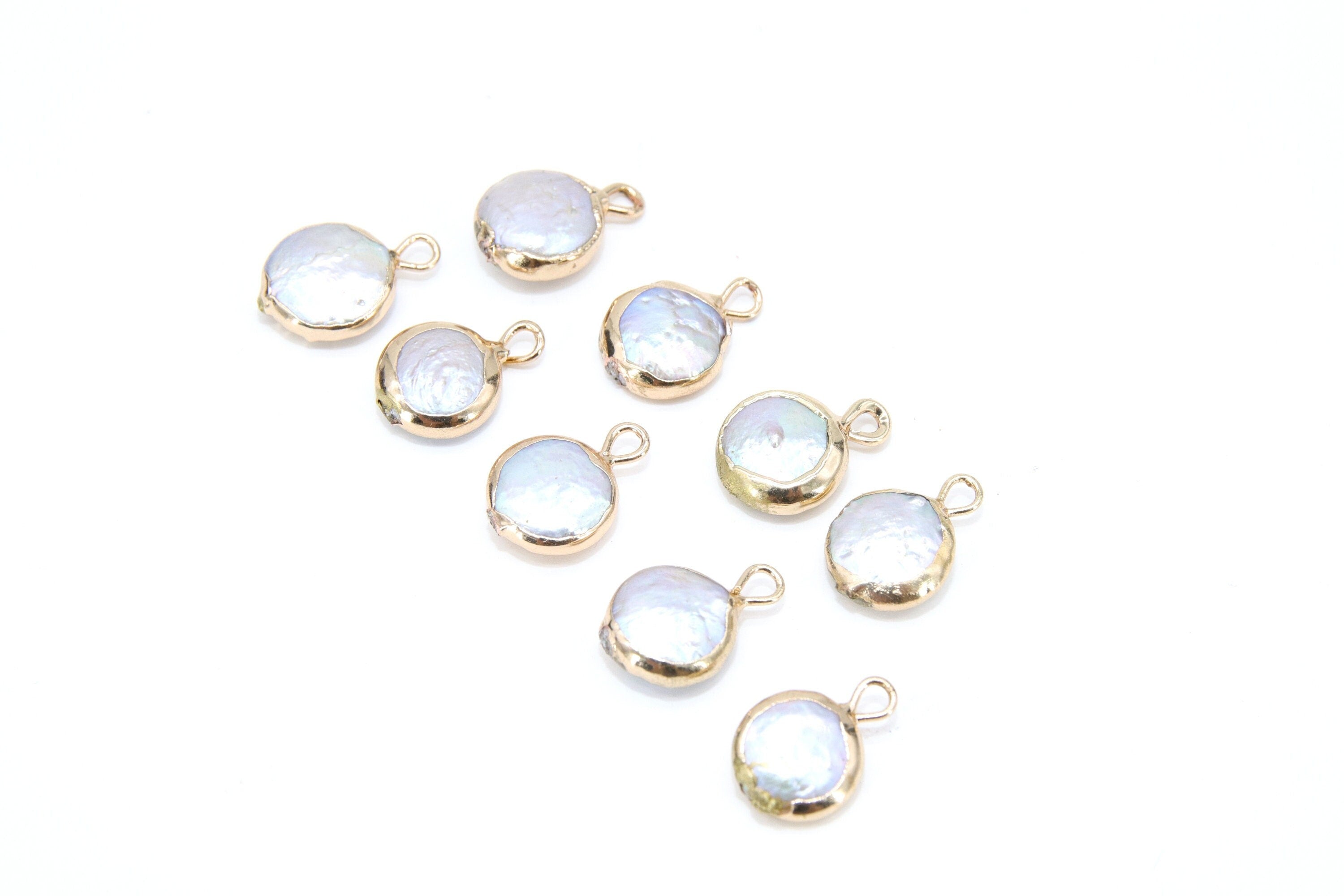 Freshwater Pearl Charms, Gold Round White Charms #2650, 9 mm Natural Shell