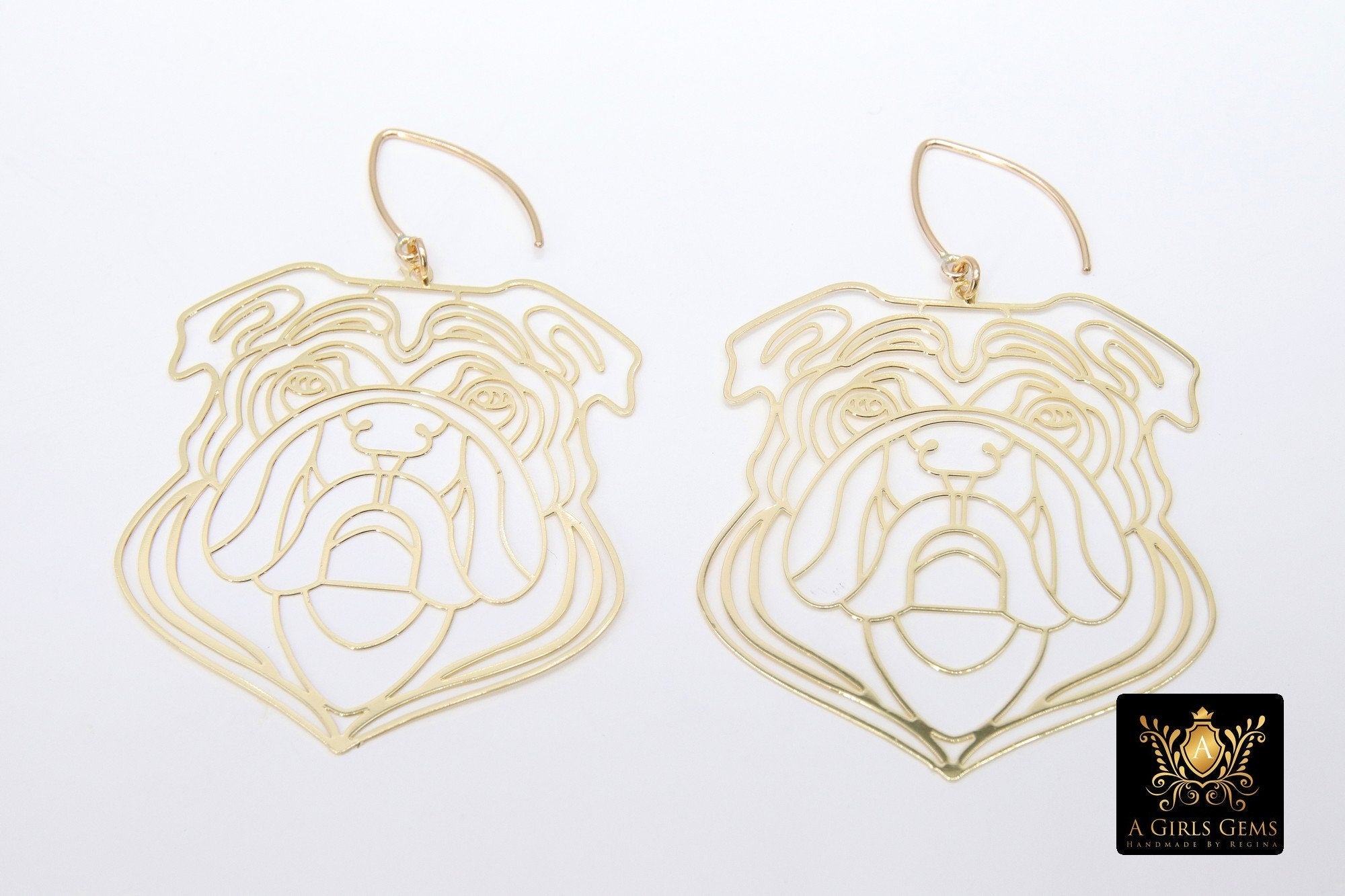 Gold Bulldog Head Earrings, 14 K Gold Filled V Hook Ear Wires AG #2166, Dangle Georgia Gameday Jewelry