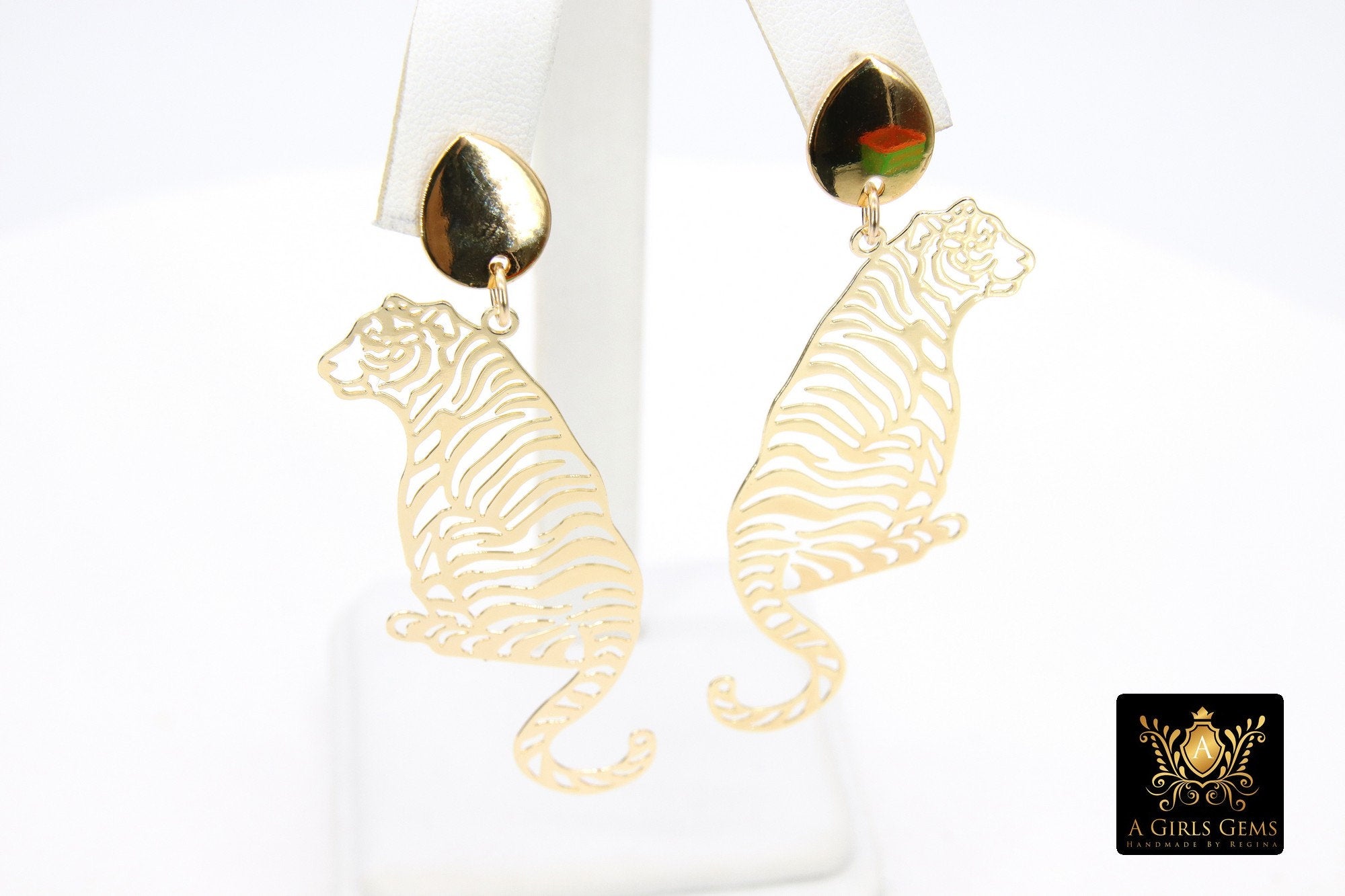 Gold Tiger Body Earrings, Gold Teardrop Studs AG #2408, Dangle LSU Gameday Jewelry
