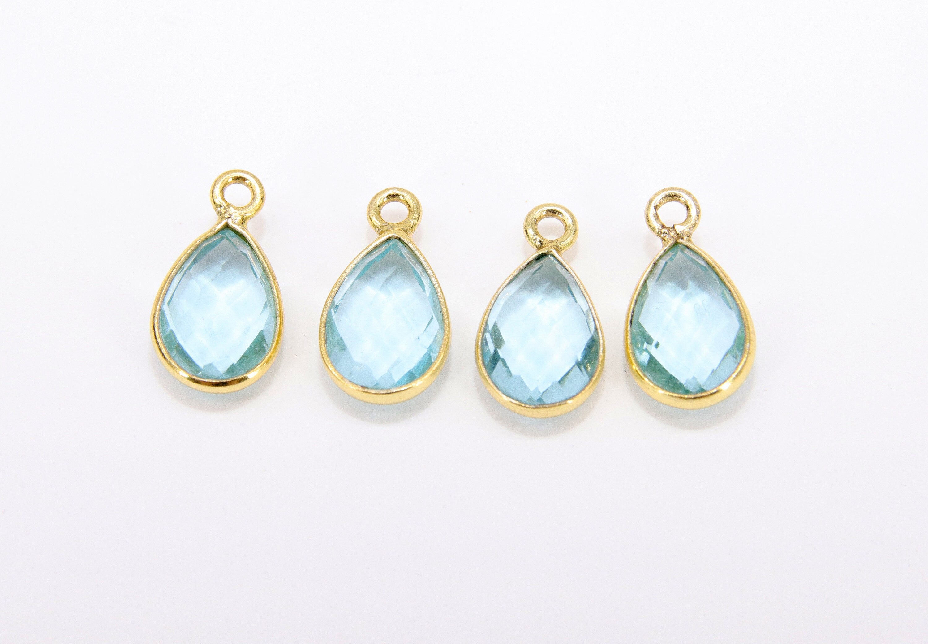 Blue Topaz Teardrop Charms, 8 mm Gold Plated Oval Blue Gemstones AG #3049, Gold Plated over Sterling Silver Oval Charms