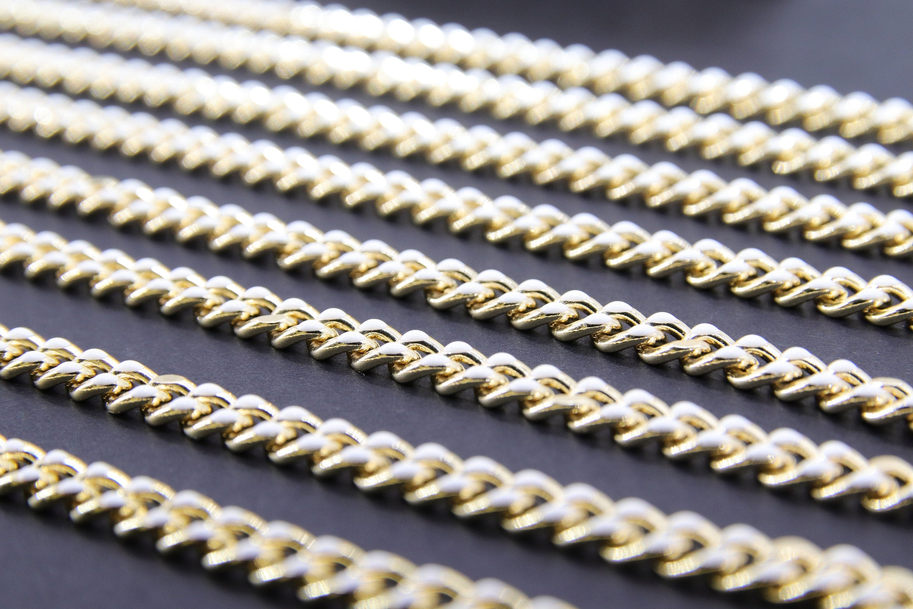 Gold Cuban Curb Chain, White Enamel Stainless Steel Chain CH #649, 5 x 6 mm Flat Miami Oval Jewelry Chains