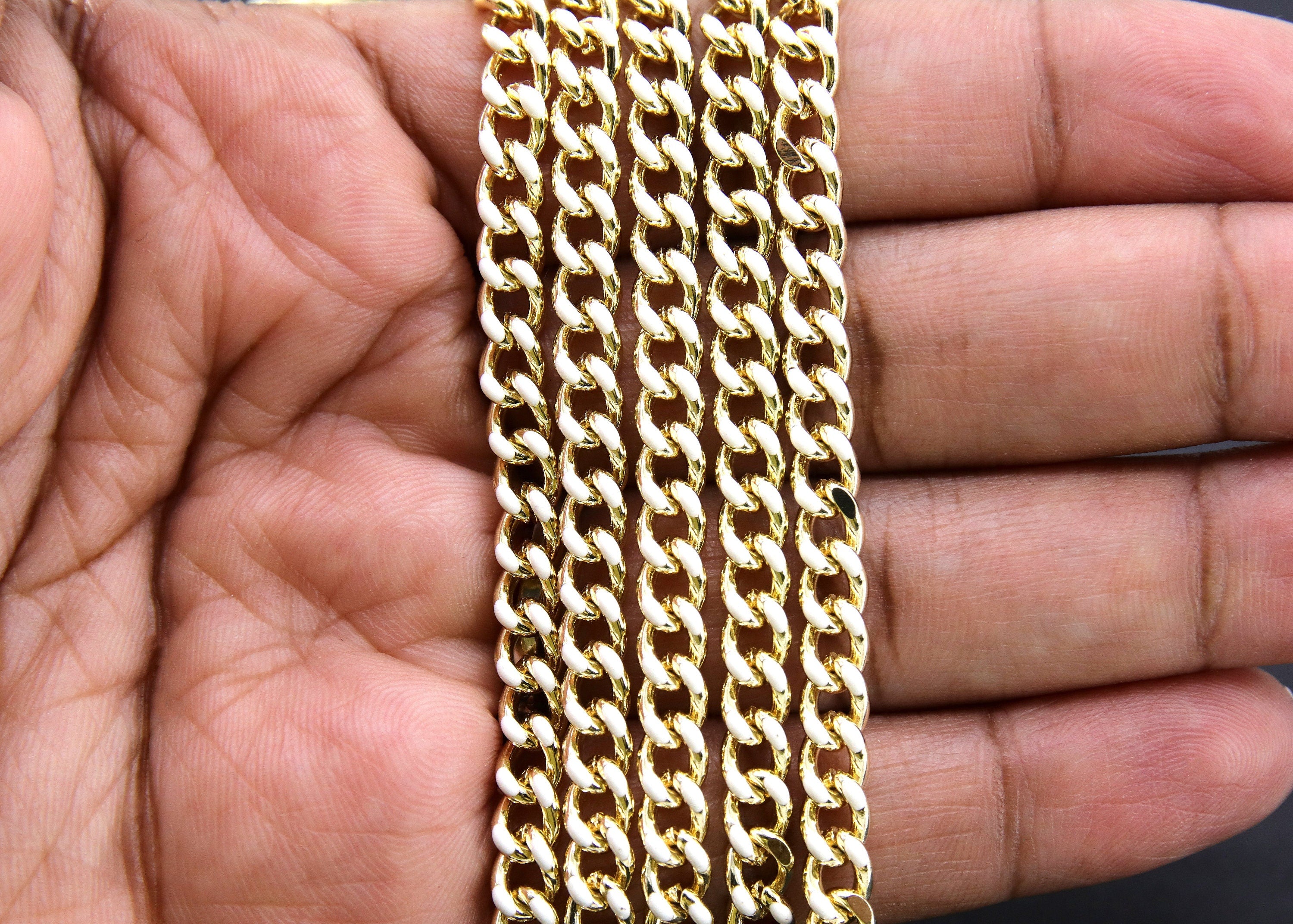 Gold Cuban Curb Chain, White Enamel Stainless Steel Chain CH #649, 5 x 6 mm Flat Miami Oval Jewelry Chains