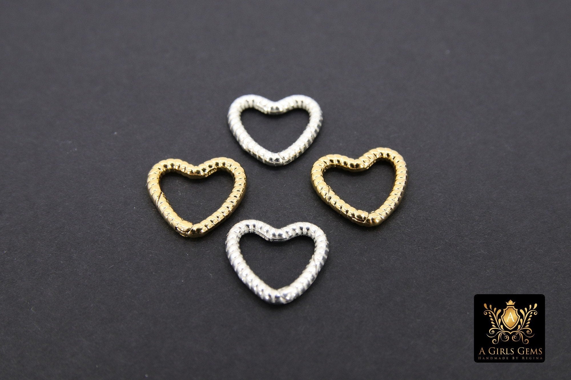 925 Sterling Silver Heart Push Clasp, 14 mm Gold Plated Spring Heart Shaped #2286, Clip Connector
