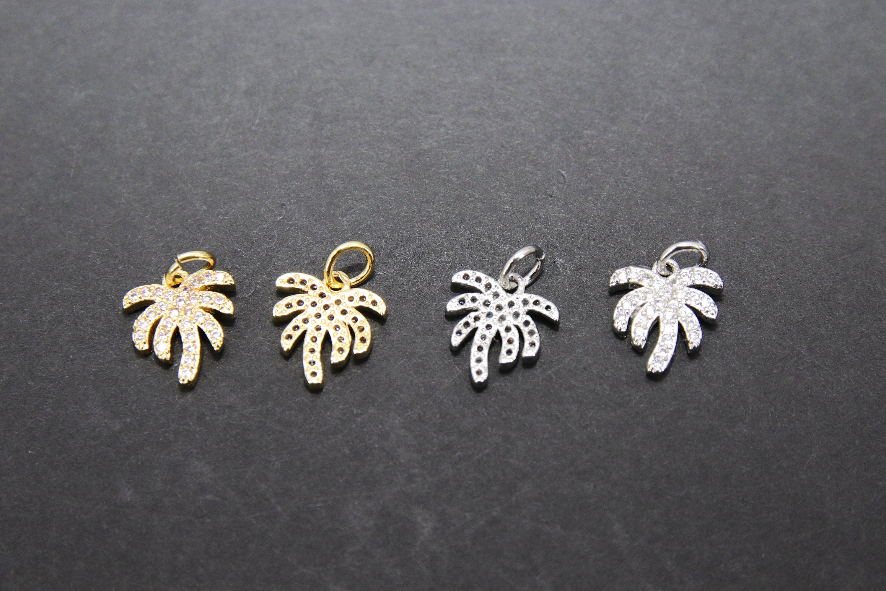 Silver Palm Tree Charms, CZ Micro Pave Tiny Coconut Tree Charms #321, Cubic Zirconia 10 x 12 mm Gold and Silver