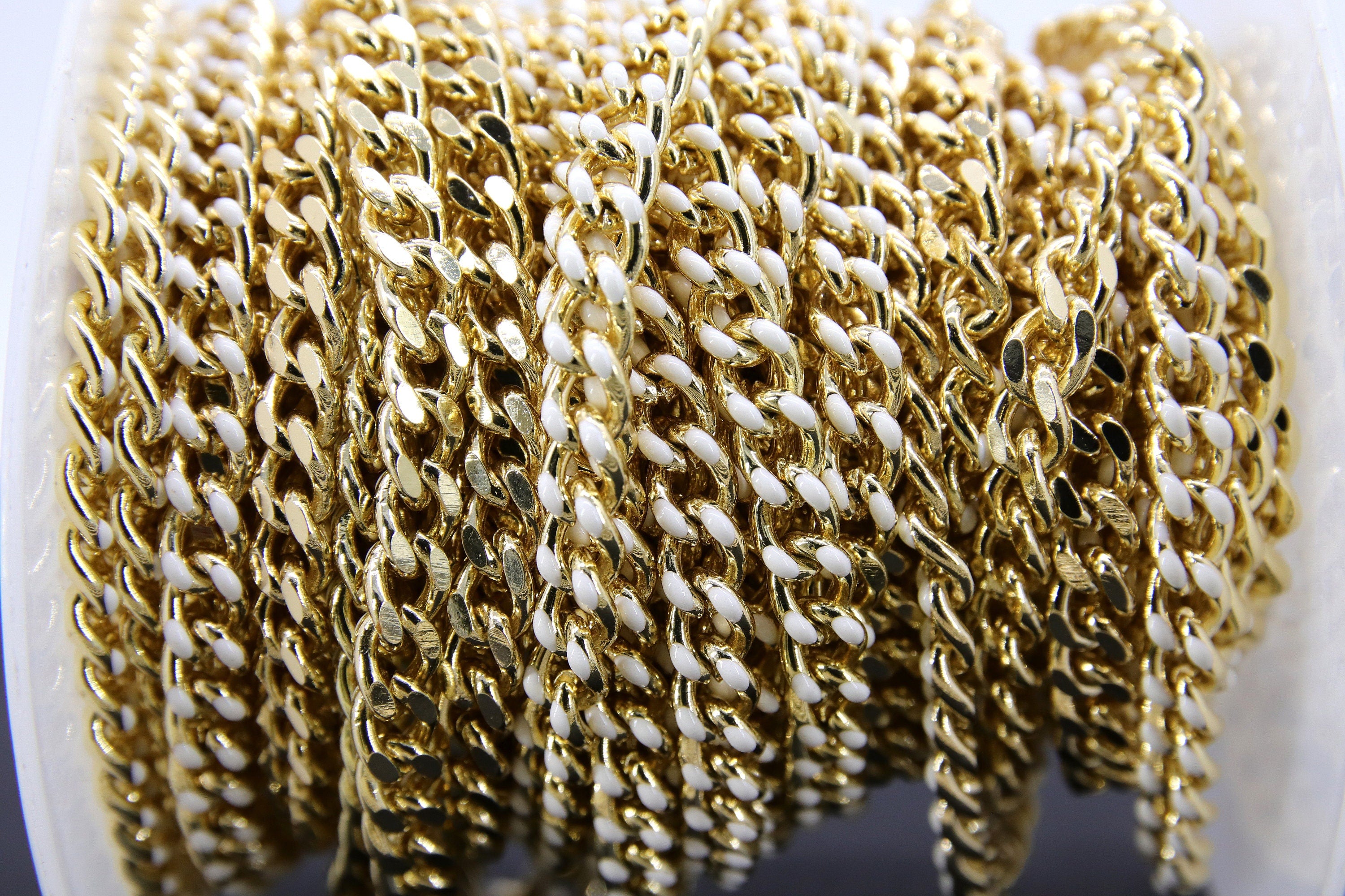 Gold Cuban Curb Chain, White Enamel Stainless Steel Chain CH #649, 5 x 6 mm Flat Miami Oval Jewelry Chains