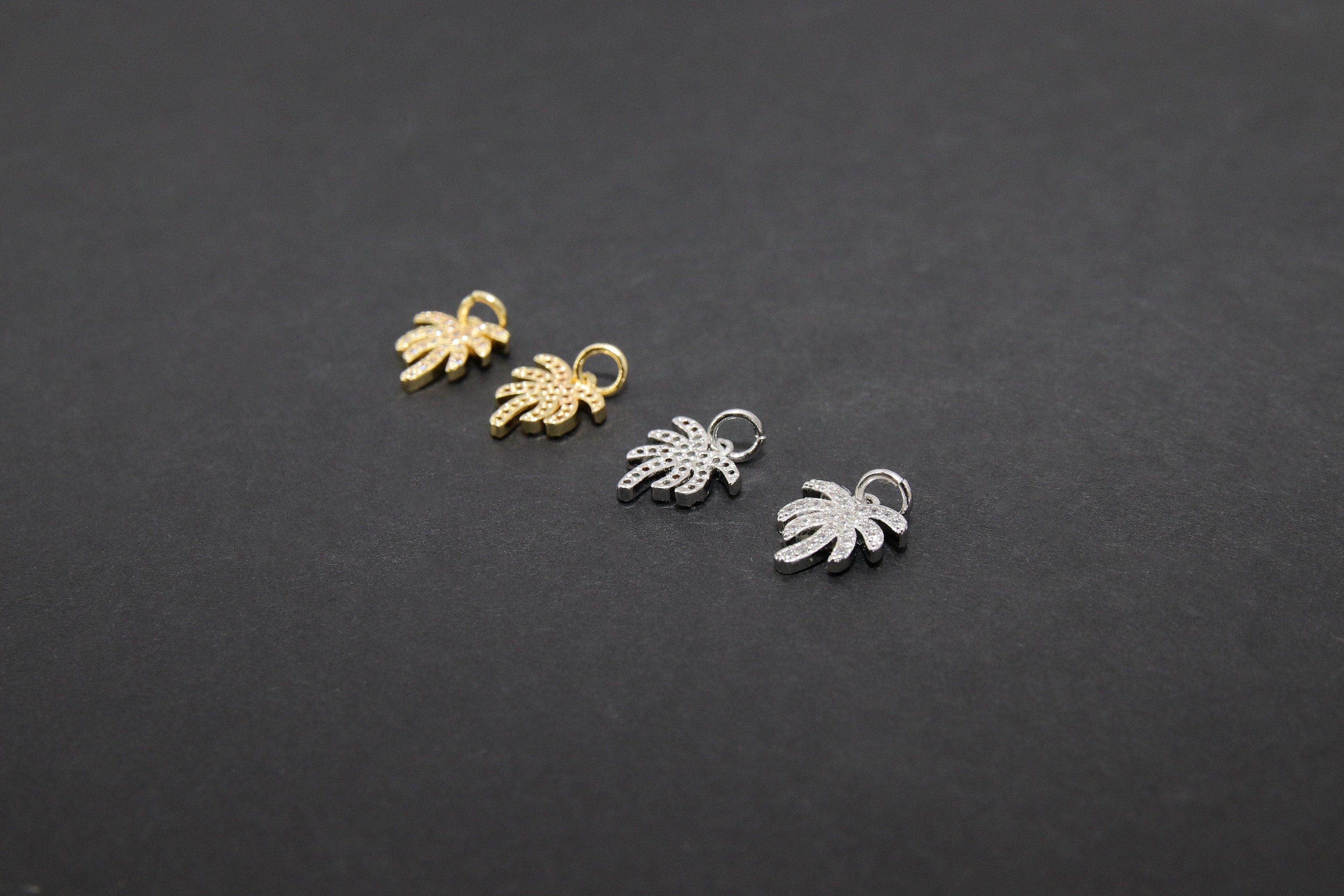 Silver Palm Tree Charms, CZ Micro Pave Tiny Coconut Tree Charms #321, Cubic Zirconia 10 x 12 mm Gold and Silver