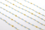 Aquamarine Rosary Chain, 4 mm Gold Faceted Pyrite Beaded, Wire Wrapped Aqua Blue by the Foot