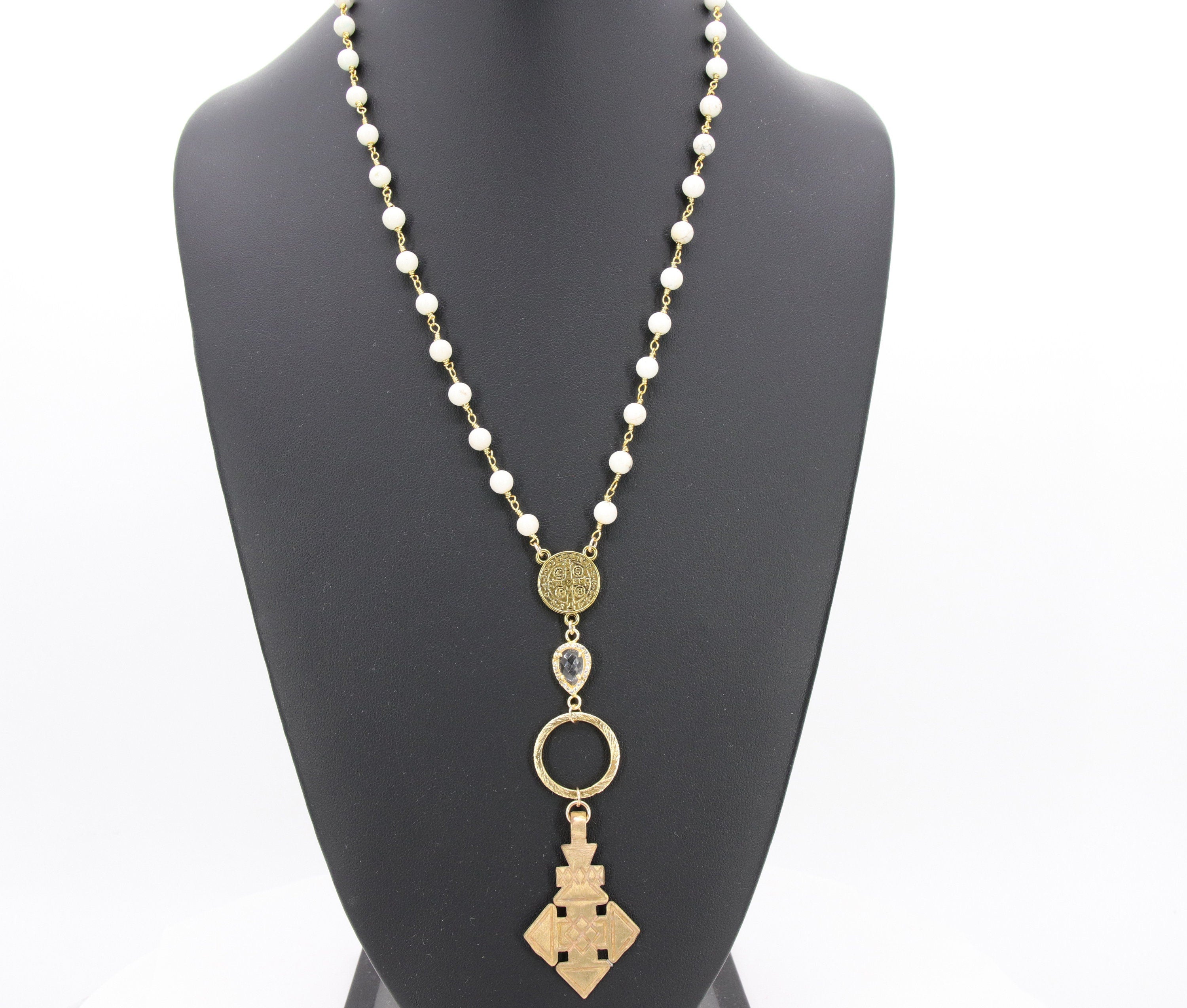 Brass Coptic Cross Necklace, White Turquoise Long Necklace, St. Benedict Religious Necklace
