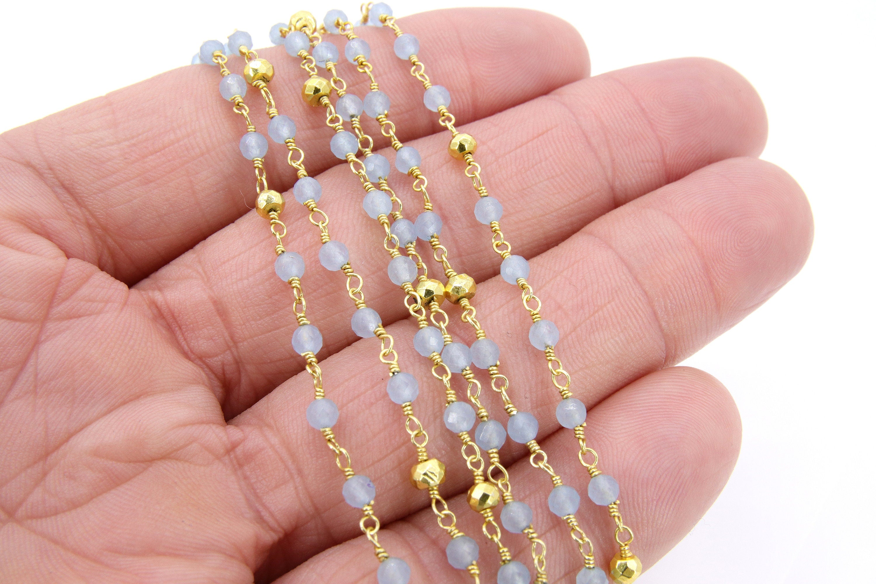 Aquamarine and gold pyrite rosary chain